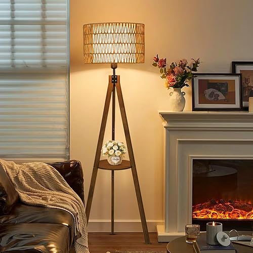 Miniatura 2 de Lámparas de pie estilo bohemio con trípode para sala de estar, lámpara de pie de madera de ratán con pantallas de tela, lámpara de pie de mediados