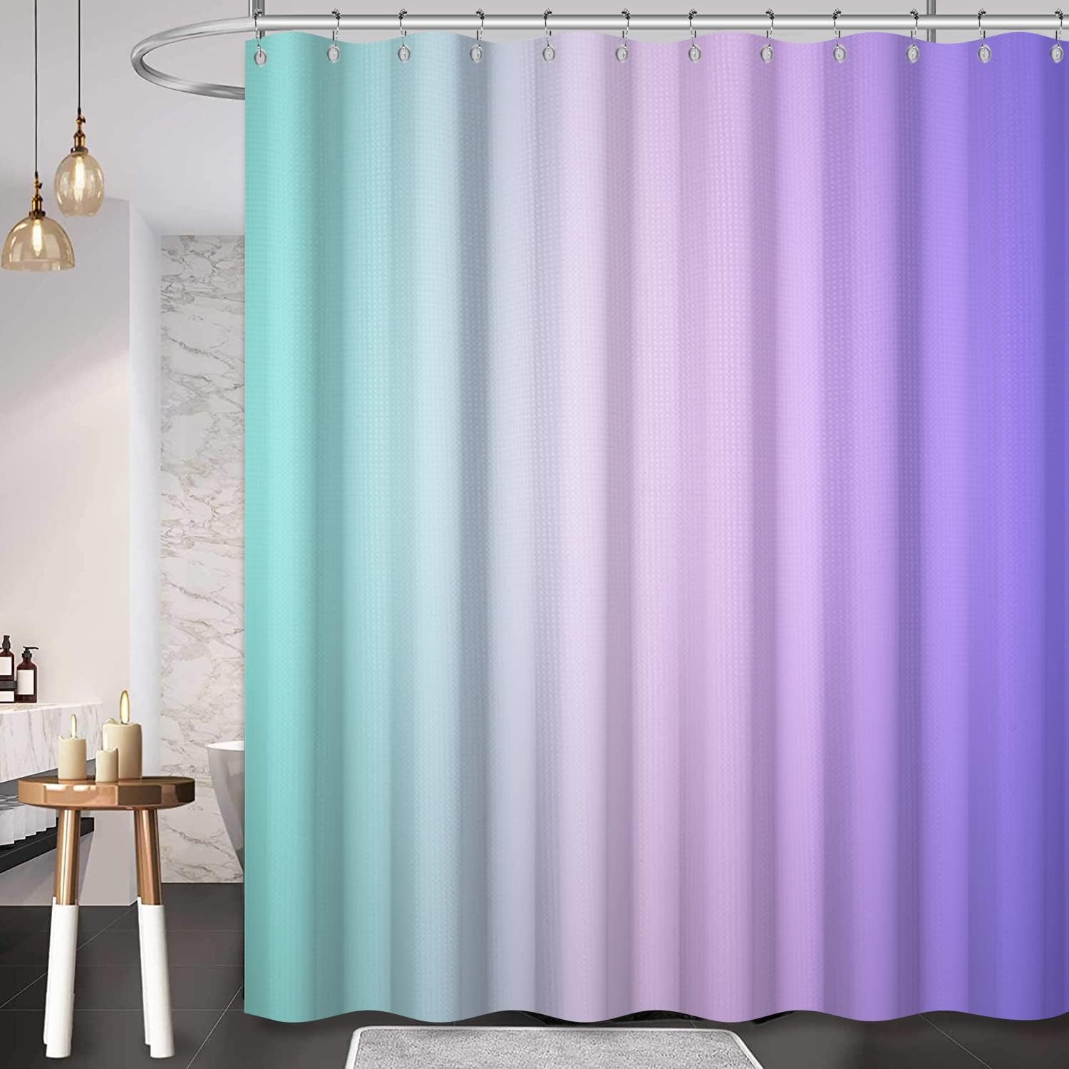 Rainbow Waffle Shower Curtain for Girls Gradient Blue Purple Bathtub Curtain for Bathroom Decoration Luxury Polyester Fabric Shower Curtains with Stainless Still Hooks 72x72 inches