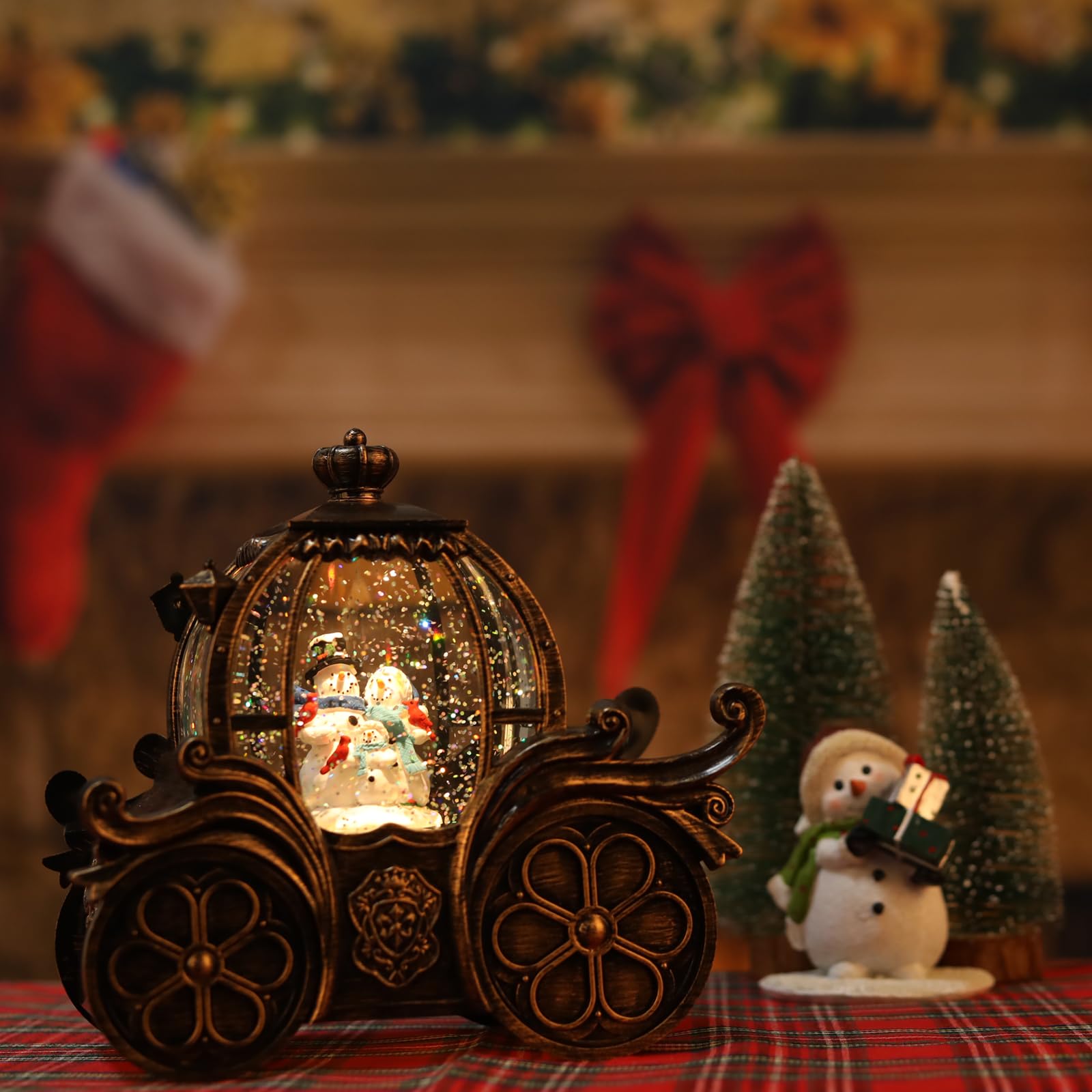 Lanterne boule à neige de Noël - Bonhomme de neige dans train musical LED scintillante - Fonctionne avec piles et USB - Boîte à musique pour décoration de Noël et décorations de cadeaux