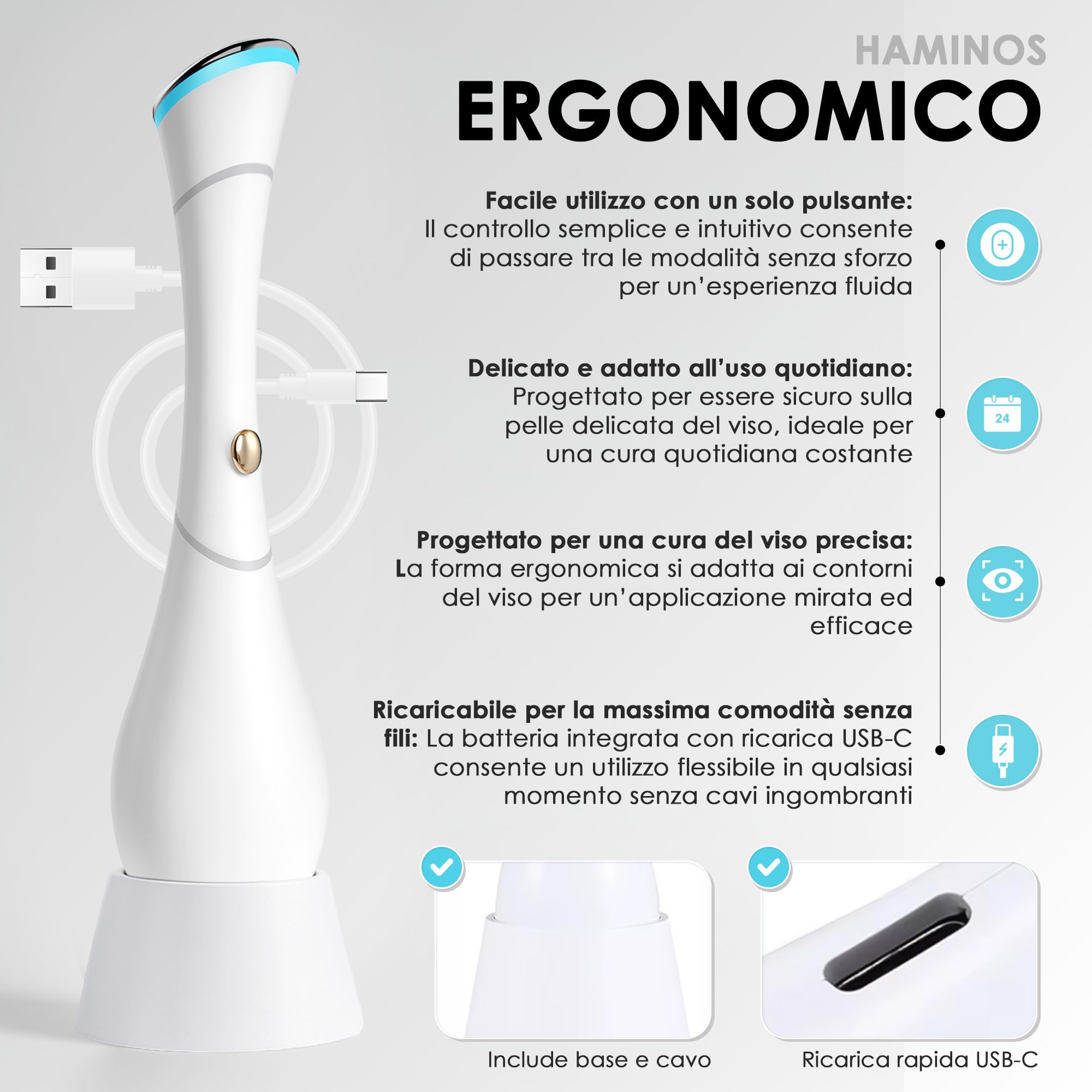 HAMINOS Massaggiatore Viso 4 in 1 con Calore, Vibrazione, Luce Rossa e Blu, Funzione Ionica Galvanica, Massaggiatore Viso Elettrico Ricaricabile USB-C per Cura del Viso