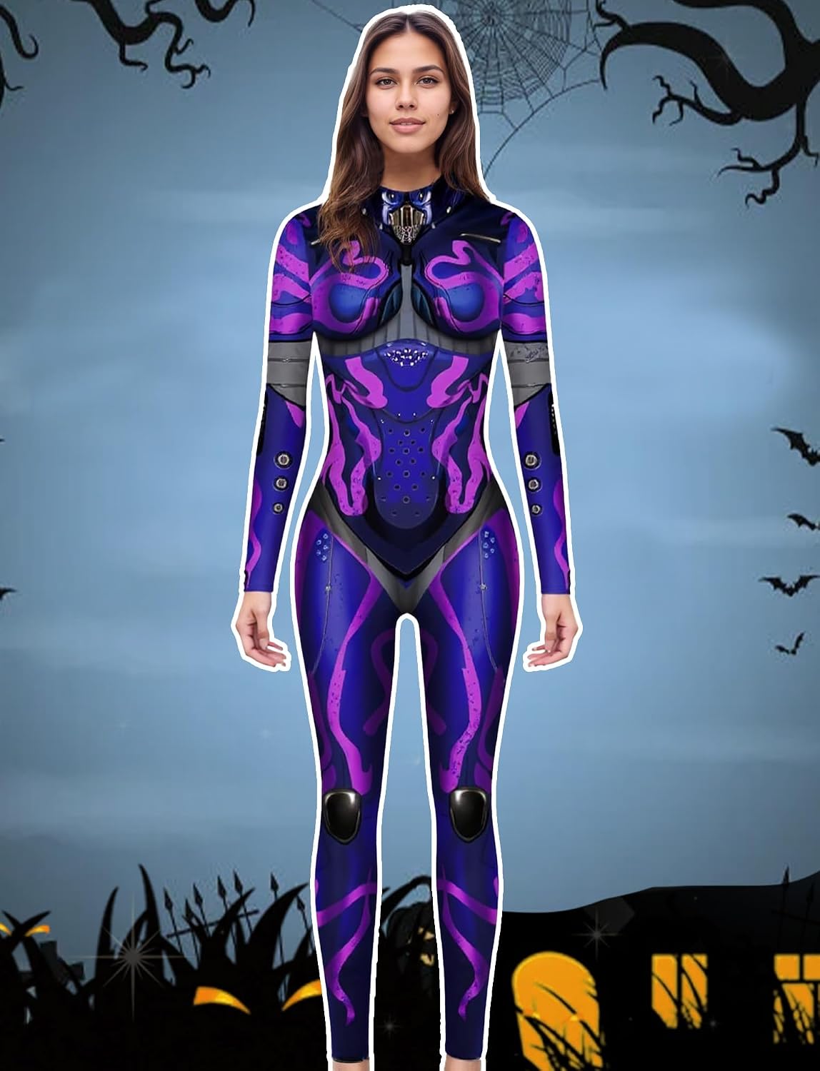 FEOYA Women Skeleton Costume Jumpsuit Halloween Full Bodysuit Cosplay Robot Jumpsuit 3D Printed