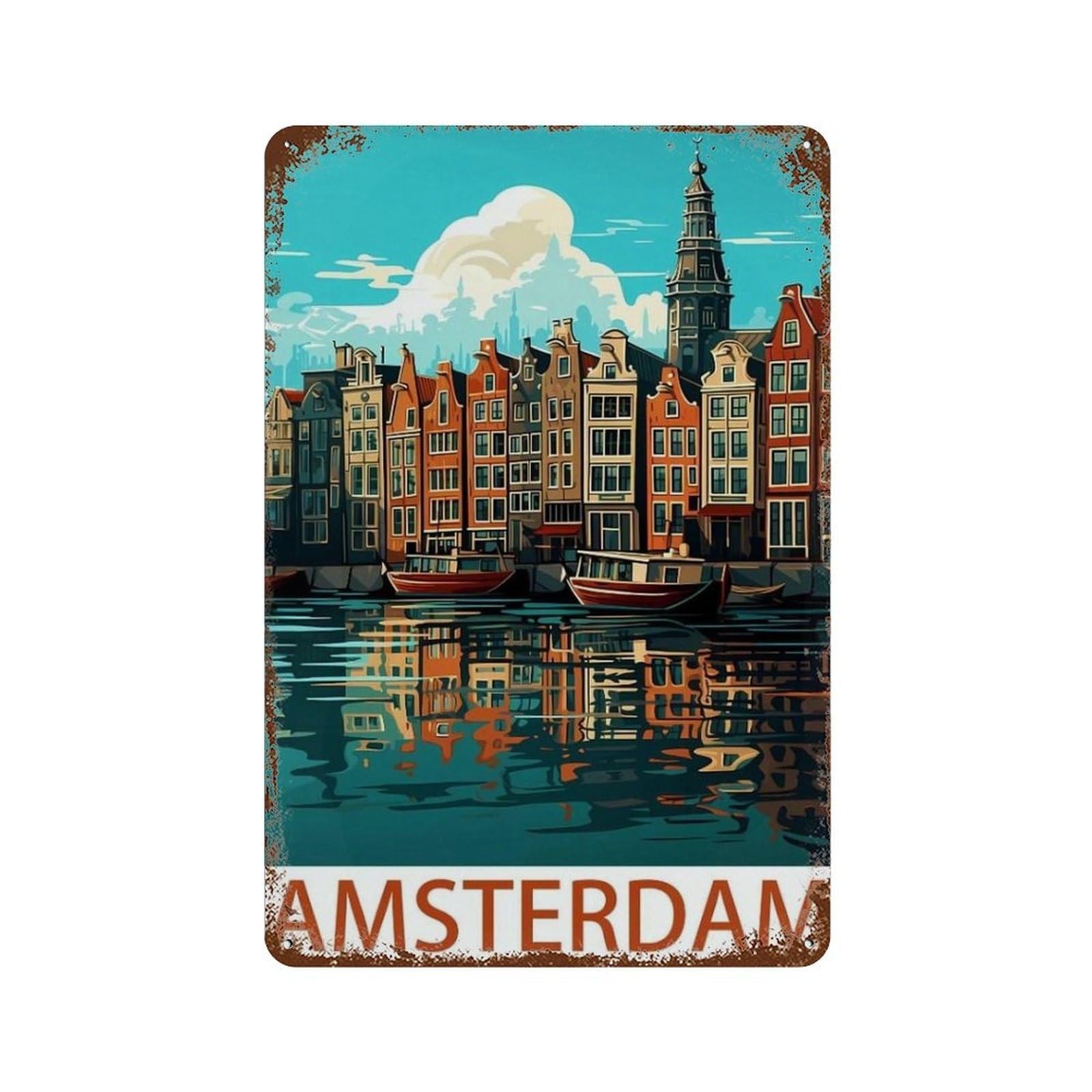 Amsterdam Holland,Colorful Buildings，Tin Signs Gift Funny Vintage Metal Sign Plaqu Poster Wall Art Pub Bar Kitchen Garden Bathroom Home Decor(15x30cm）6x12 inch-R98