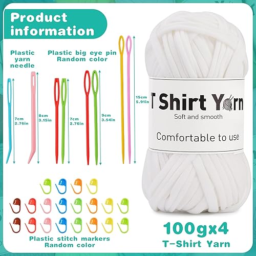 Miniatura 2 de kdafio Paquete de 4 hilos para camiseta, hilo plano de ganchillo de 131 yardas, hilo de ganchillo de color sólido con agujas de ojos de plástico de
