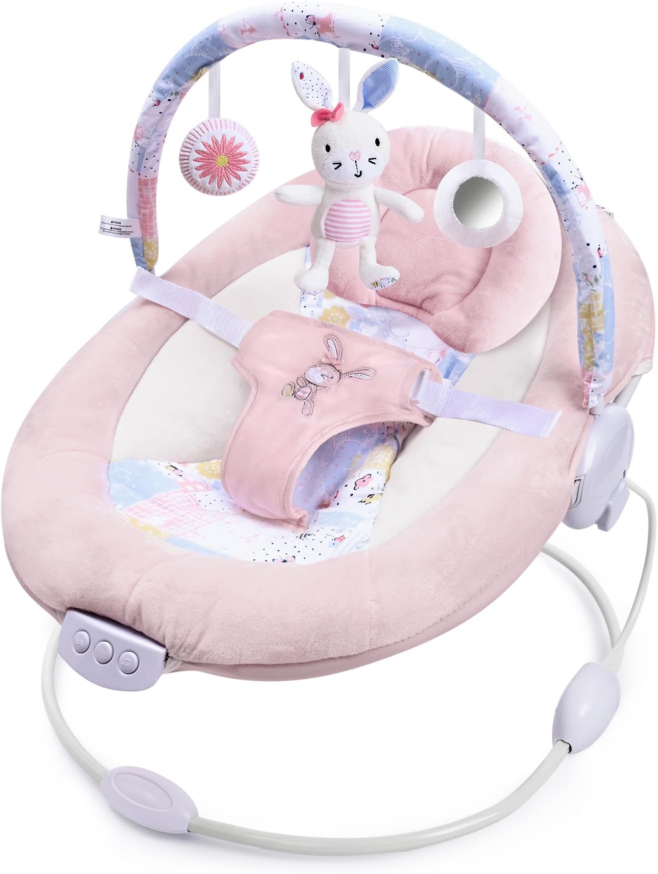 LADIDA Soft and Padded Baby Bouncer with Soothing Music and Vibration, Pretty Pink Rabbit Theme, Suitable for Newborns