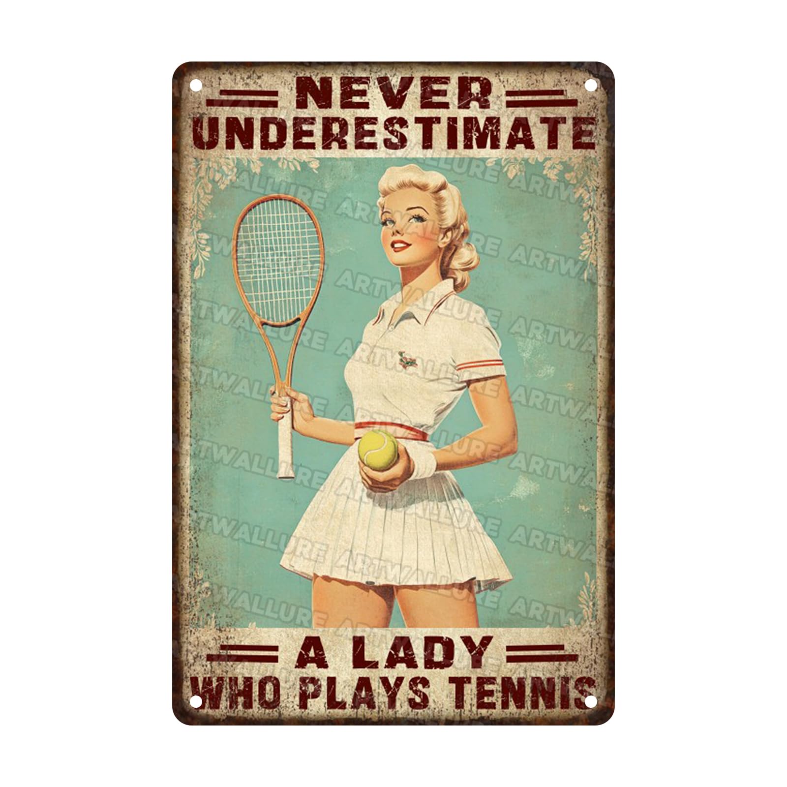 ARTWALLURE Girl Tennis Decor for Tennis Player Never Underestimate A Lady Who Plays Tennis Vintage Metal Sign Living Room Bedroom Kitchen Home Art