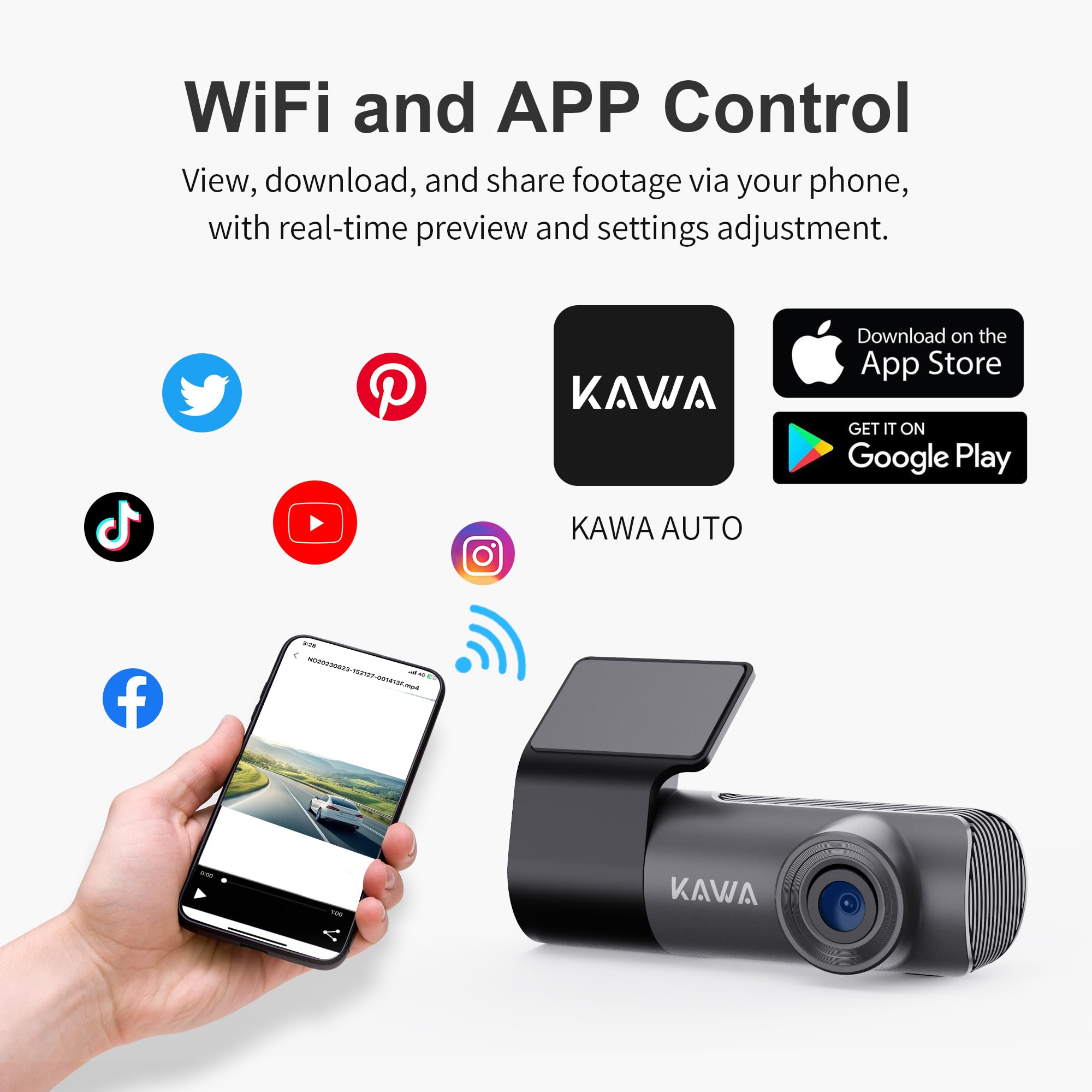 KAWA Dashcam Auto 2K 1296P z WDR & Super Nachtsicht – Superkondensator, 360° Drehbar, WiFi App Steuerung – Loop Aufnahme, G-Sensor, Verstecktes Design (für Auto, Frontkamera, Fahrsicher)