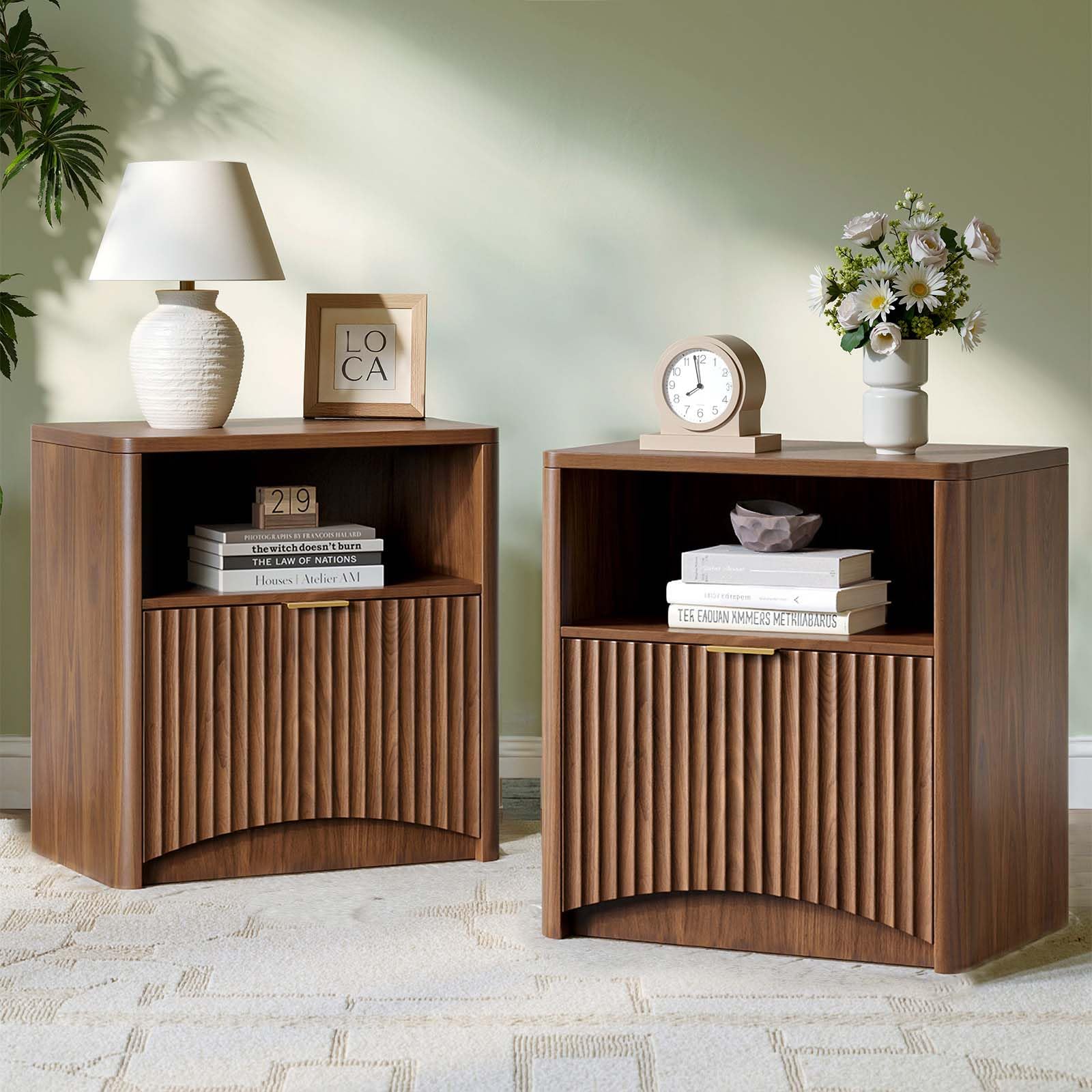 Evermagin Fluted Nightstand Set of 2, Bedside Table with Drawer, Walnut