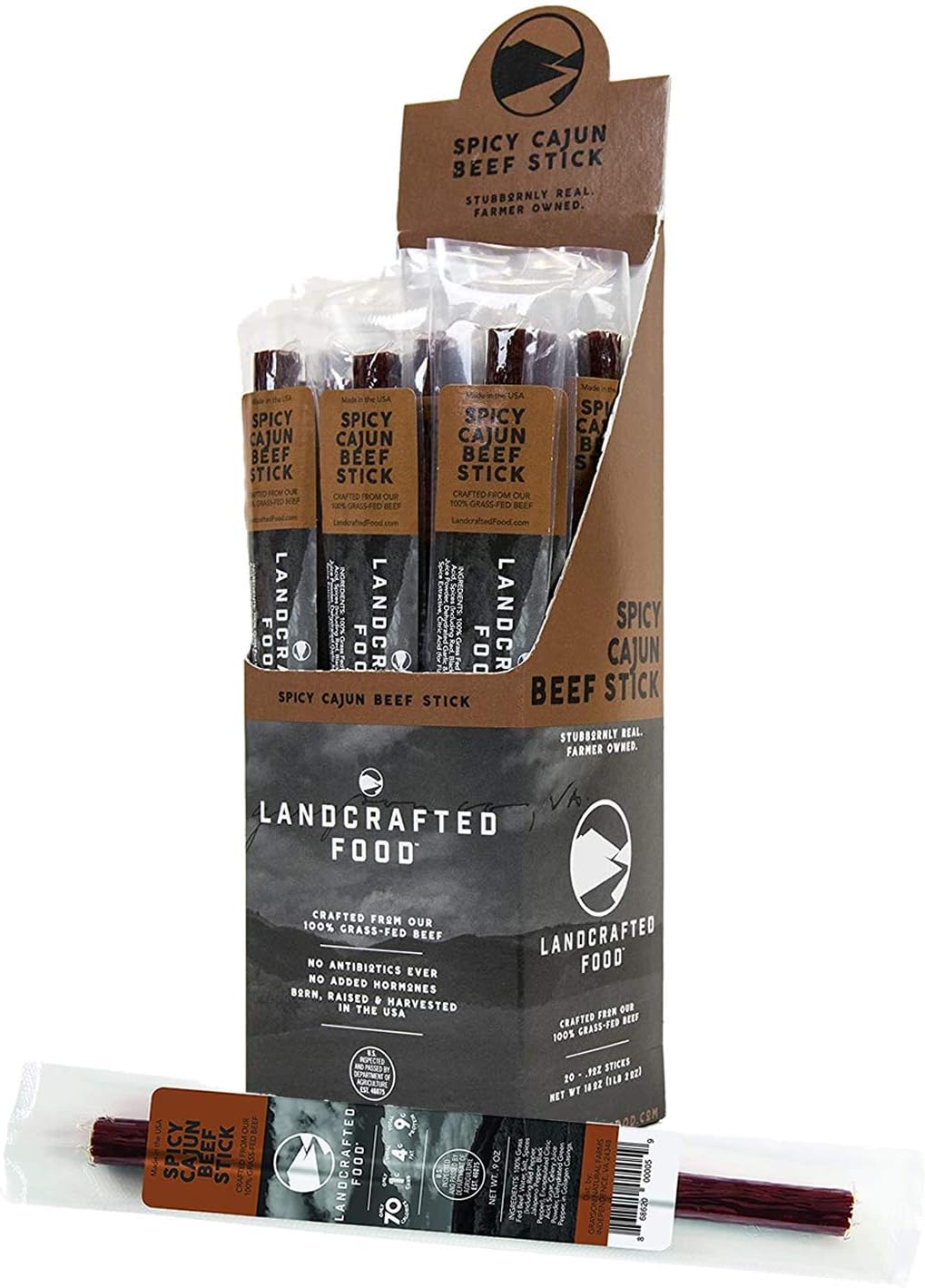 Landcrafted Food | Spicy Cajun (Mild) 100% Grass Fed Beef Jerky Sticks - 20 Individually Wrapped .9 Ounce Stick Snack Packs - Hormone Free