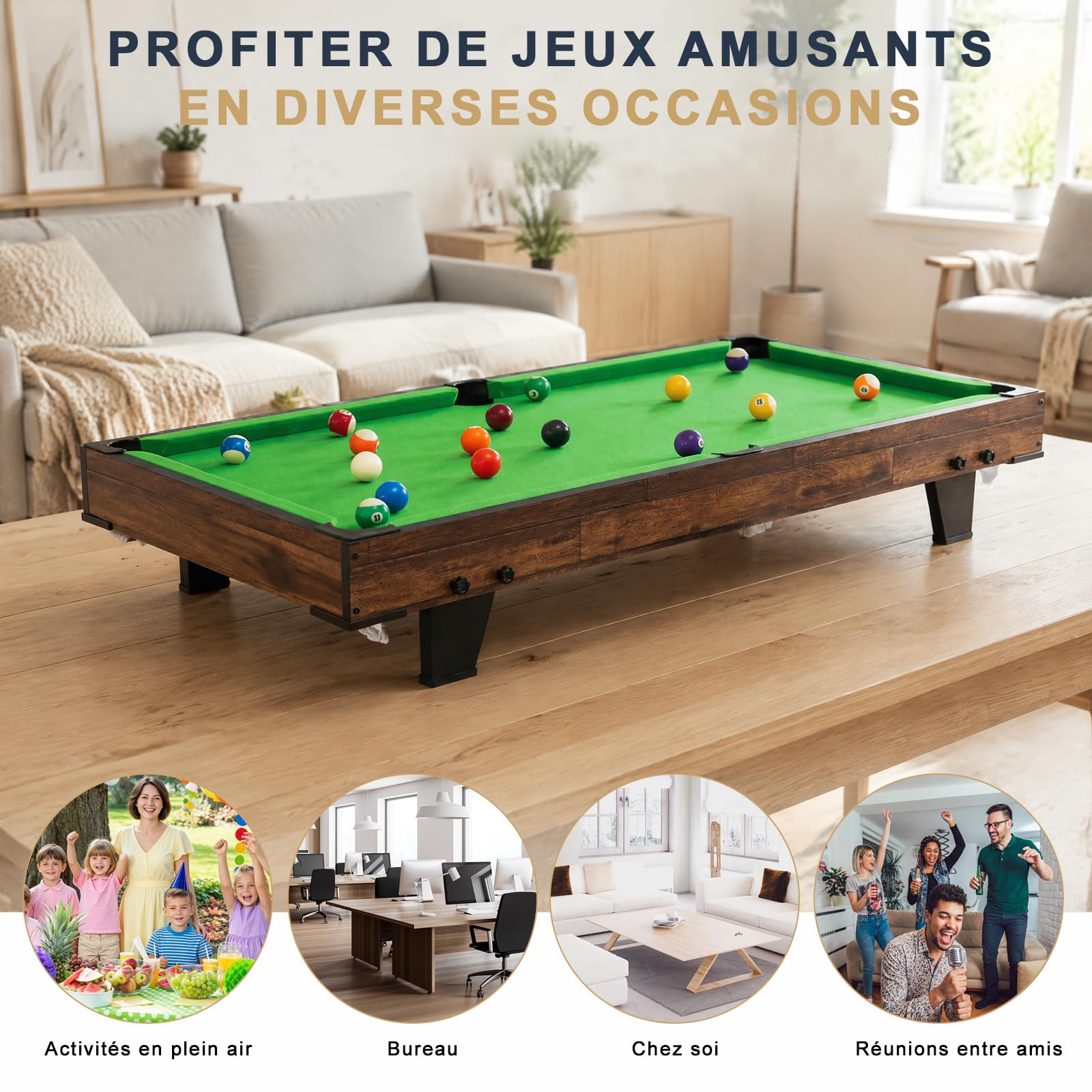 Table de Billard 120cm, Mini Pool avec Accessoires, Snooker Intérieur | Bois de qualité, léger et mobile, design gain de place, montage facile, idéal pour adultes et familles.