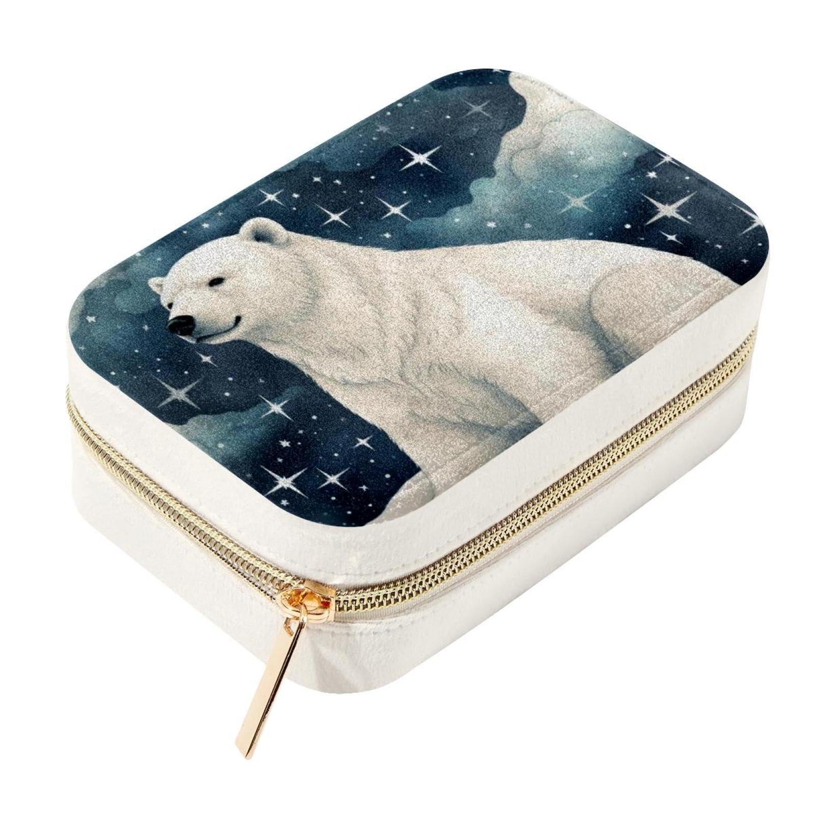 Boîte à bijoux de voyage velours haut de gamme, motif céleste ours polaire