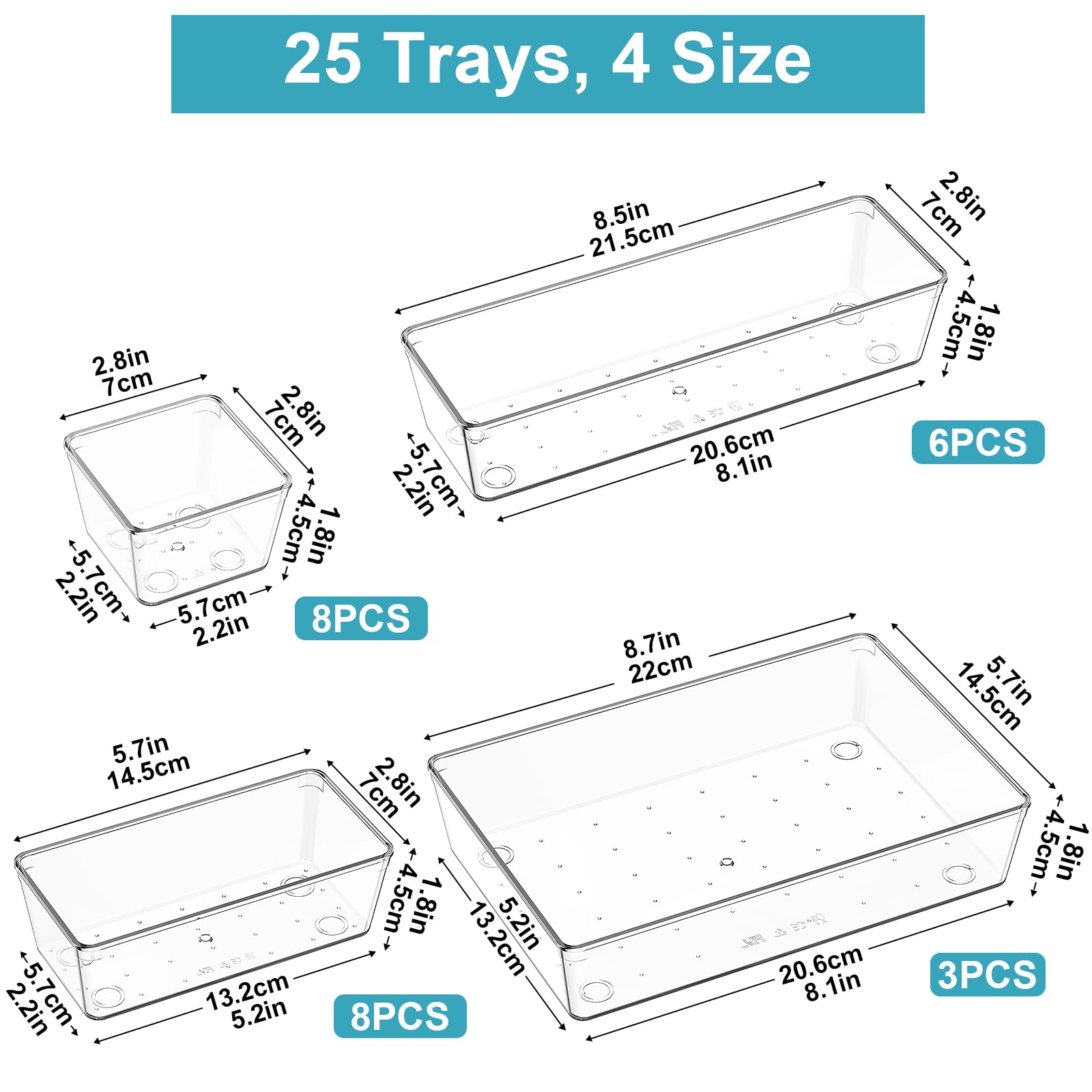 Radikor Lot de 25 Organisateurs de Tiroir, Rangement Tiroir en Plastique Transparent, Bacs de rangement avec 4 Tailles pour salle de bain, coiffeuse, Cuisine, Bureau, Papeterie, per Cosmétiques,Bijoux