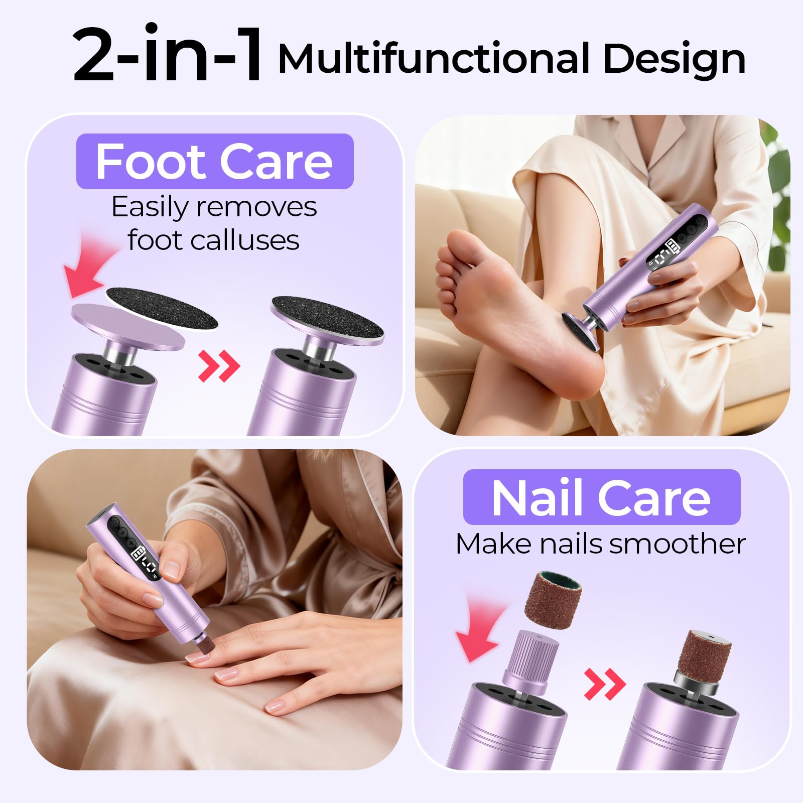 Lima Pies Electrica Durezas, 2 en 1 Pedicura Profesional Quita Durezas para Pies, Lima Electrica pies con 2 Cabezales, Limador de durezas pie Eliminar Electrico Recargable Removedor de Callos