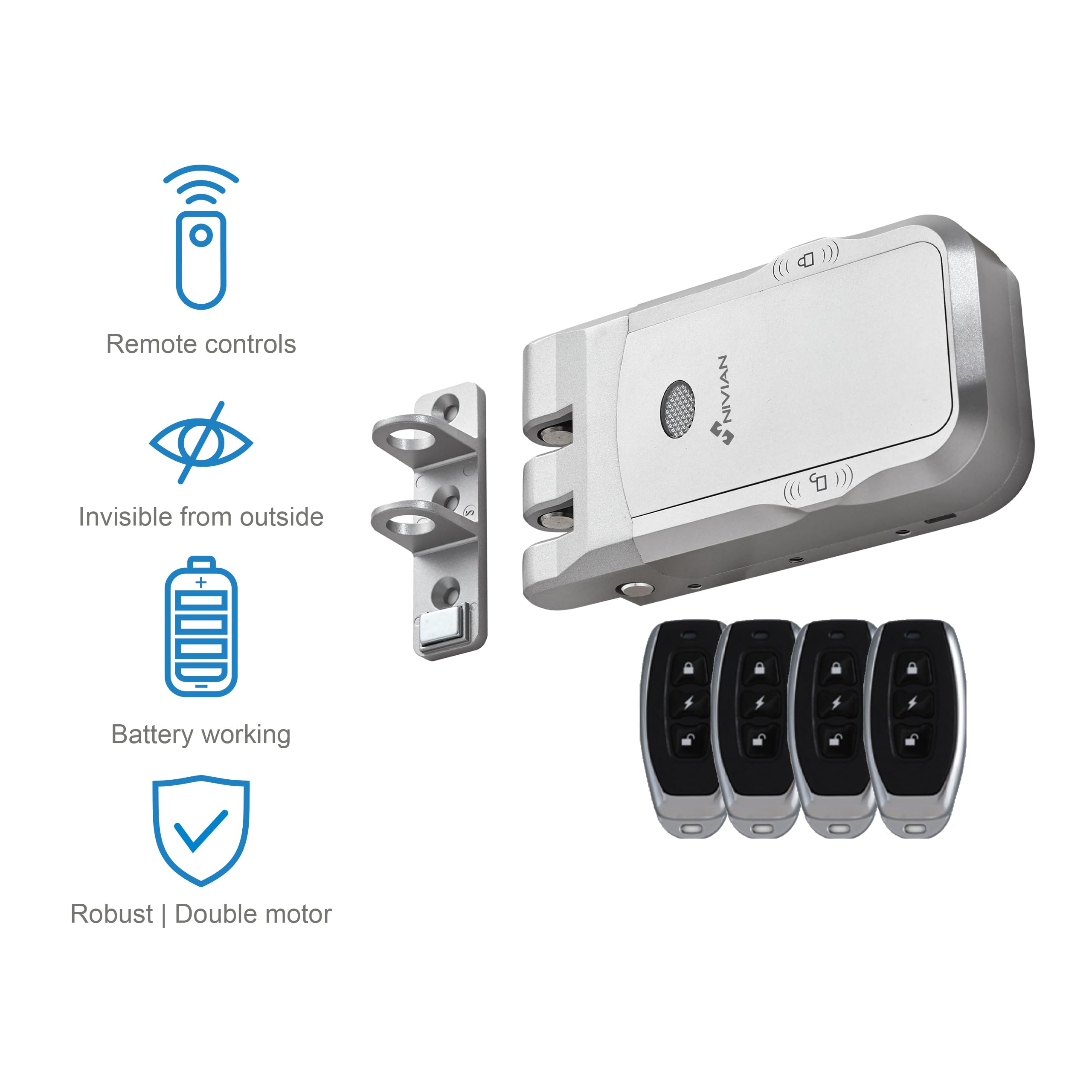 Nivian Cerrojo Invisible Electrónico Inalámbrico – Cerradura Antivandálica por Radiofrecuencia con Mandos a Distancia, Doble Motor, Apertura y cierre desde Interior y Exterior (Sin App)