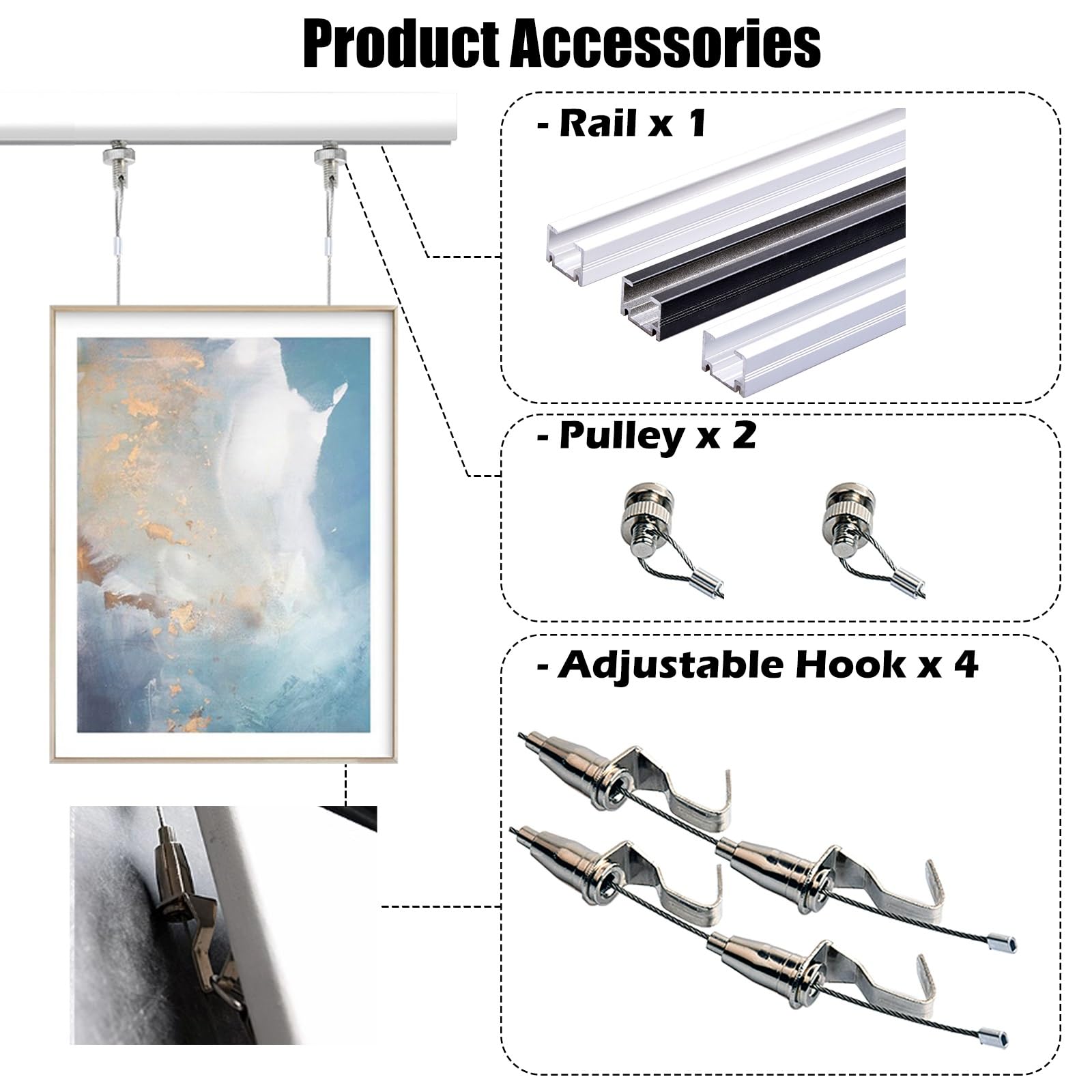 Système d'accrochage de Tableaux Clip-Rail - Rail de galerie de 80 cm avec Supports pour Cadres Photo, Crochets et Cordon de 2,5 m pour Une Installation Facile à la Maison et au musée