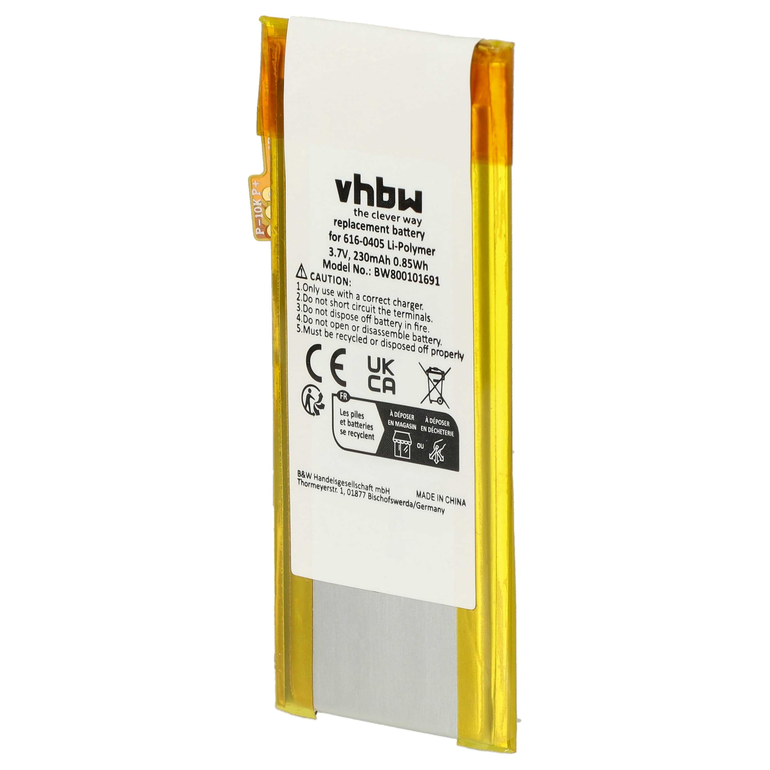 vhbw 1 x bateria kompatybilna z Apple iPod Nano 4G, 4. generacji 8 GB, 4. generacji, odtwarzacz MP3 (230 mAh, 3,7 V, litowo-polimerowy)