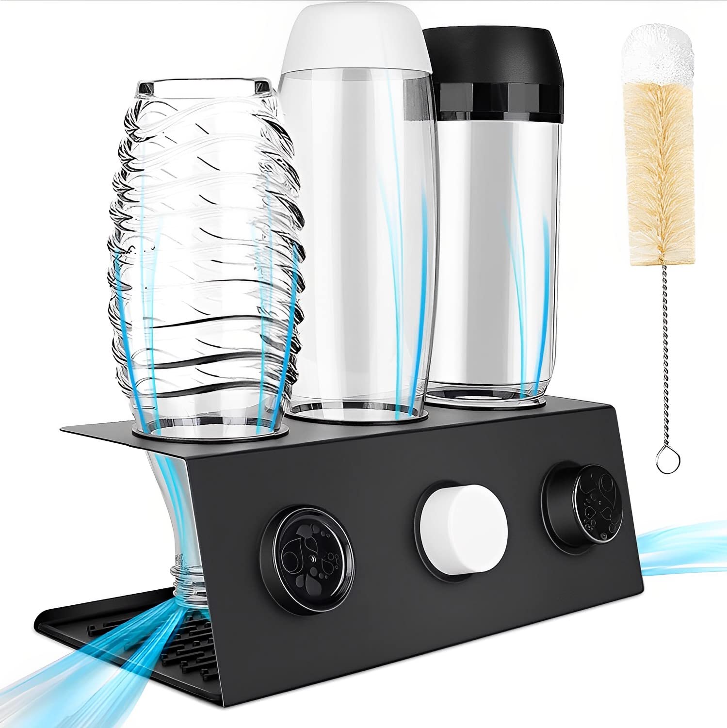 AMSAMOTION Uchwyt na butelki kompatybilny z SodaStream i popularnymi butelkami na wodę, 3 uchwyty na ociekacz, stojak na ociekacz, silikonowe pierścienie ochronne, mata ociekowa, szczotka do butelek