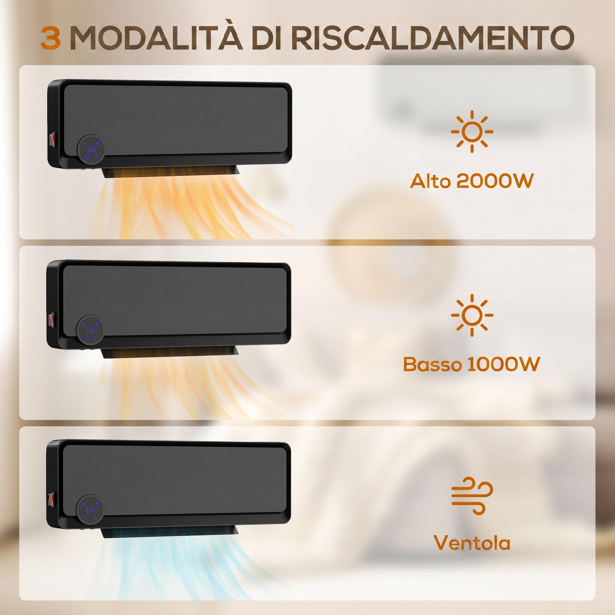 HOMCOM Stufa Elettrica da Parete PTC 56x18.5x11.7 cm Nero | Basso Consumo, 3 Modalità, Timer 12h, Oscillazione 30°, Termosifone Elettrico in PP e PA, con Telecomando