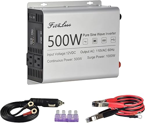 Inversor de onda sinusoidal pura, entrada de CC de 12 V y salida de CA de 110 V con pantalla LCD, puerto de salida USB, puerto de salida tipo C (500