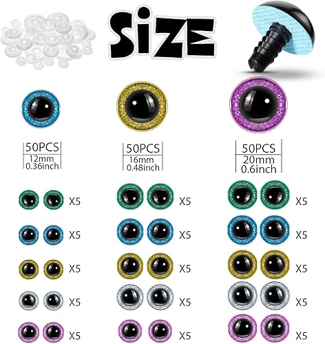 Miniatura 2 de 150 ojos de seguridad grandes para ojos de seguridad Amigurumi de ganchillo de 0.460.780.78 pulgadas (12160.787 in) con purpurina para animales de