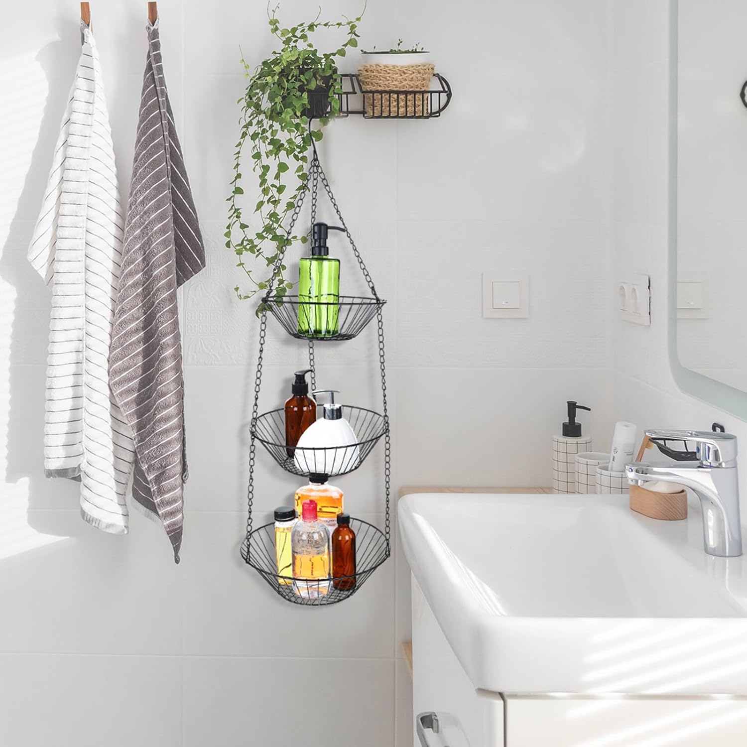 Maxdot 4 Pack 3-tier Hanging Fruit Basket Kitchen Hanging Wall Fruit Storage Organization Basket with Sturdy Metal Chain for Kitchen Bathroom Wardrobe Garden