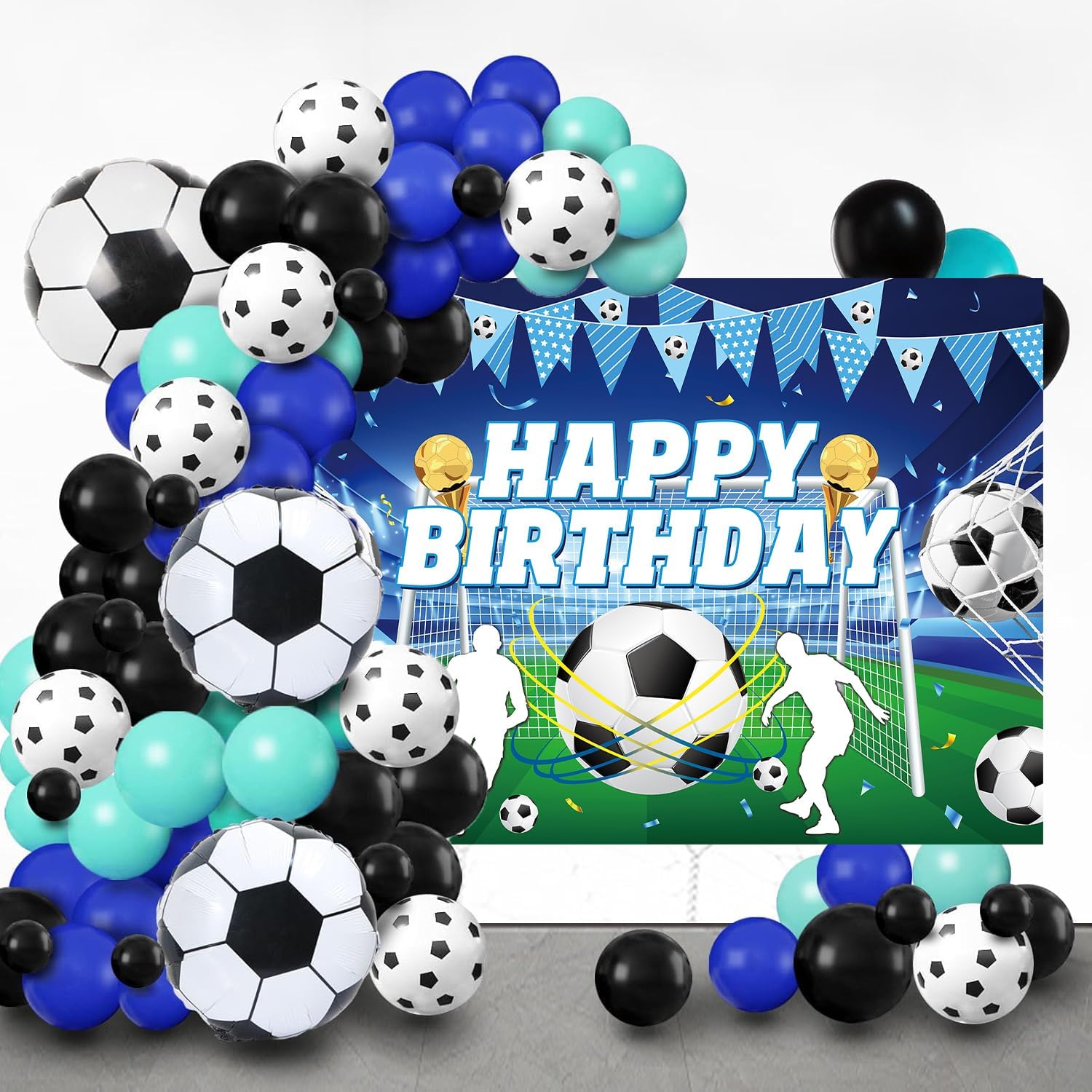 Blue Soccer Happy Birthday Backdrop 7x5ft Sports Themed Photography Background for Kids Boys Teens Fans Soccer Birthday Party Decorations Banner Supplies - Image 4