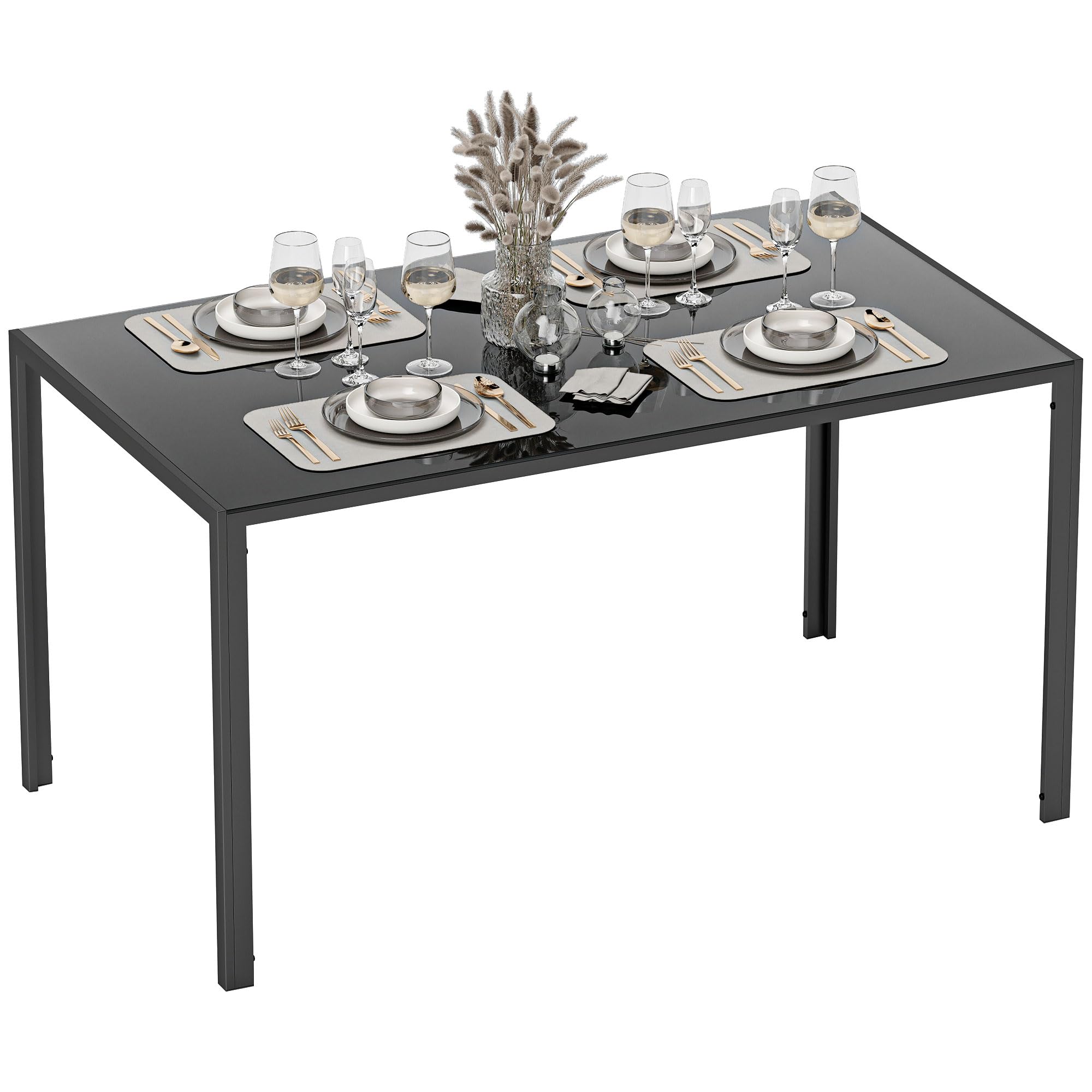 HOMCOM Tavolo da pranzo in vetro, tavolo rettangolare per 6 persone con gambe in metallo, per cucina, soggiorno, 140 x 80 x 75 cm, nero