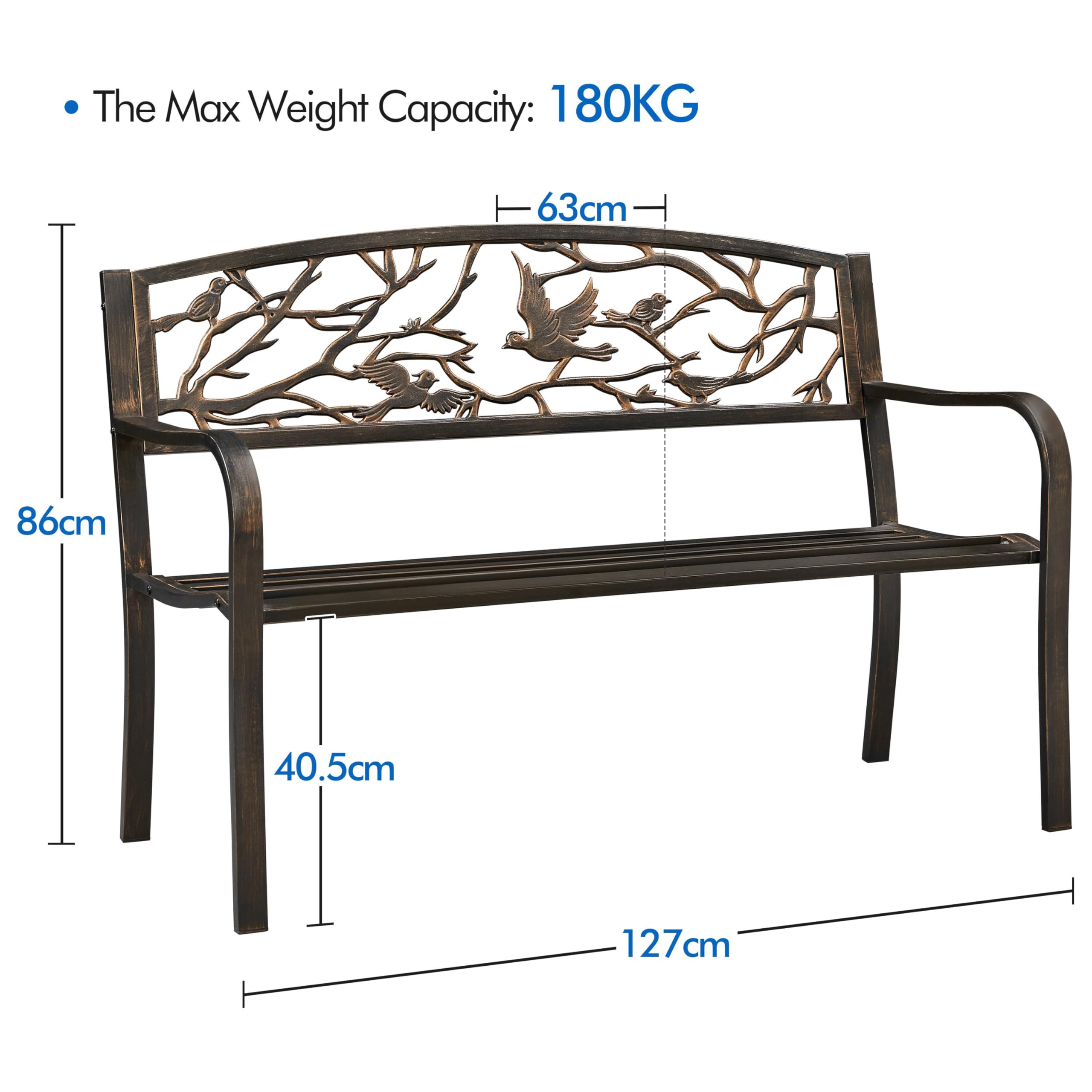 Yaheetech Panca da Giardino in Ferro 127 cm × 52 cm × 86 cm Panchina da Patio con Braccioli Schienale con Motivi Primaverili Portata 180 kg Bronzo