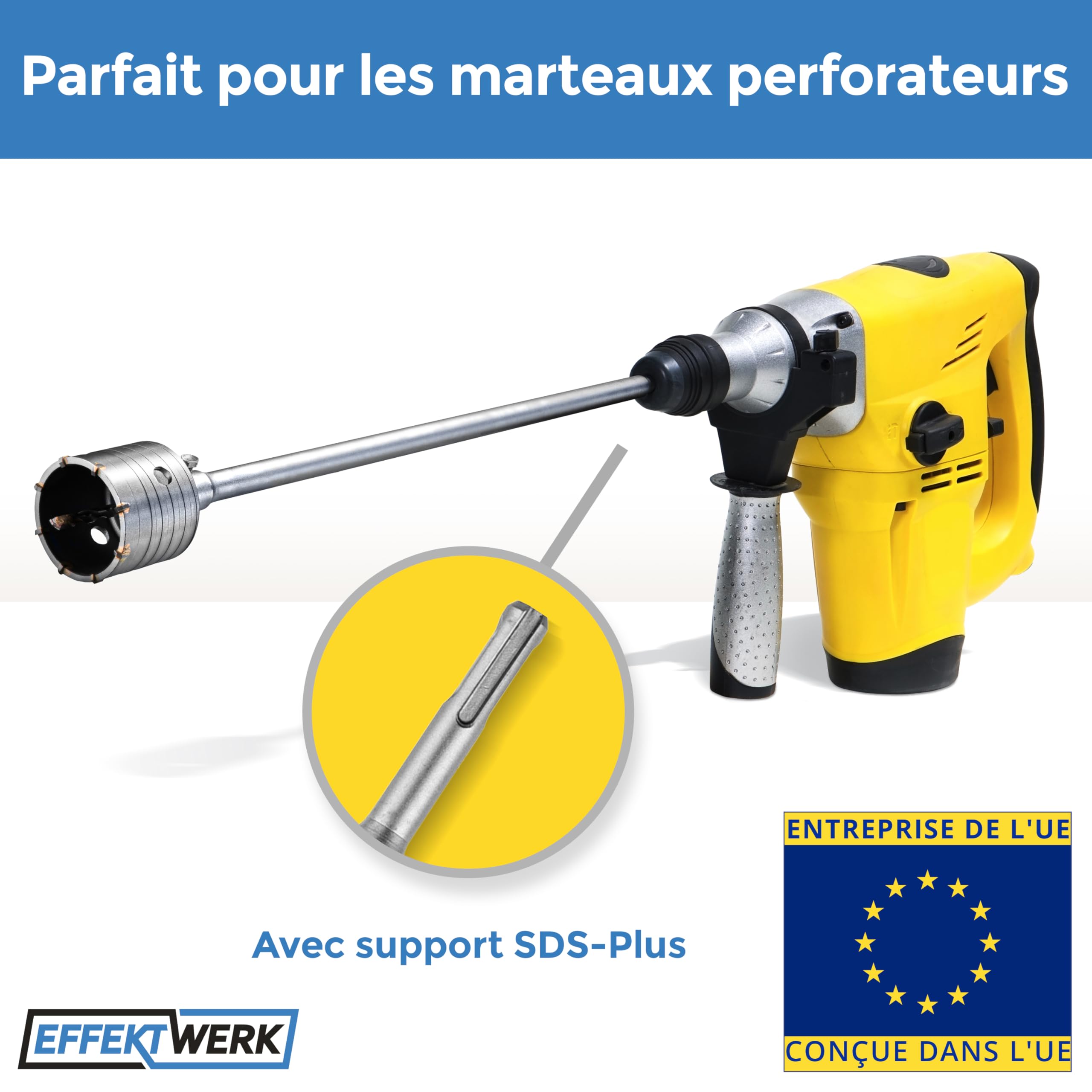 SDS Plus Tige d'extension pour foret creux, 600 mm de long avec filetage M22, foret central et vis