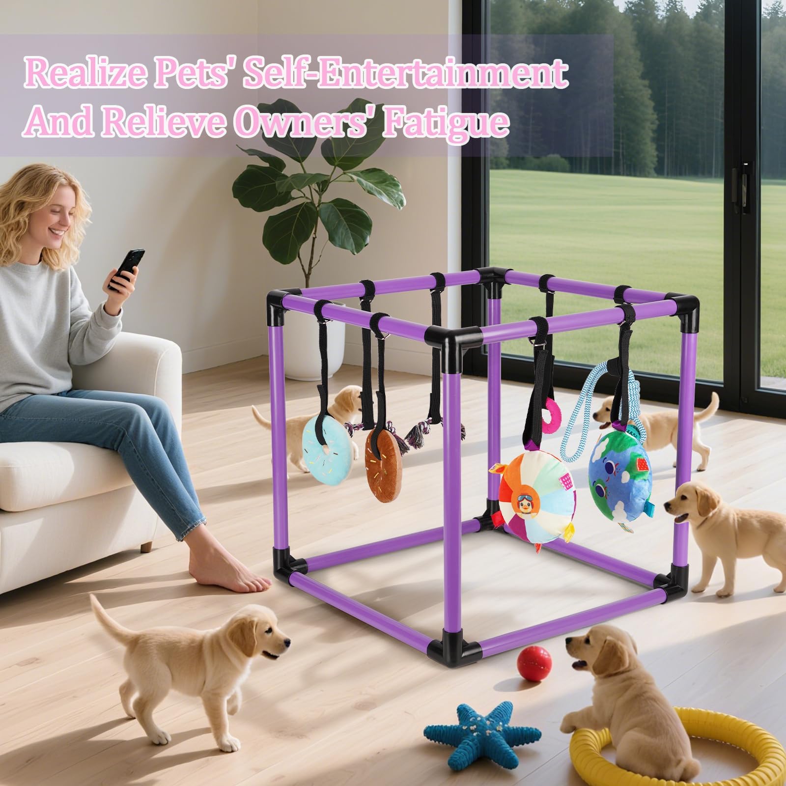Liitrton Gimnasio de Juego para Cachorros – Gimnasio de Juego para Perros pequeños con 8 Juguetes Colgantes, Gimnasio Interior de la Selva con Juguetes interactivos de enriquecimiento para Perros | Marco de PVC de 19.5 x 19.5 x 19.5 pulgadas, gimnasio int