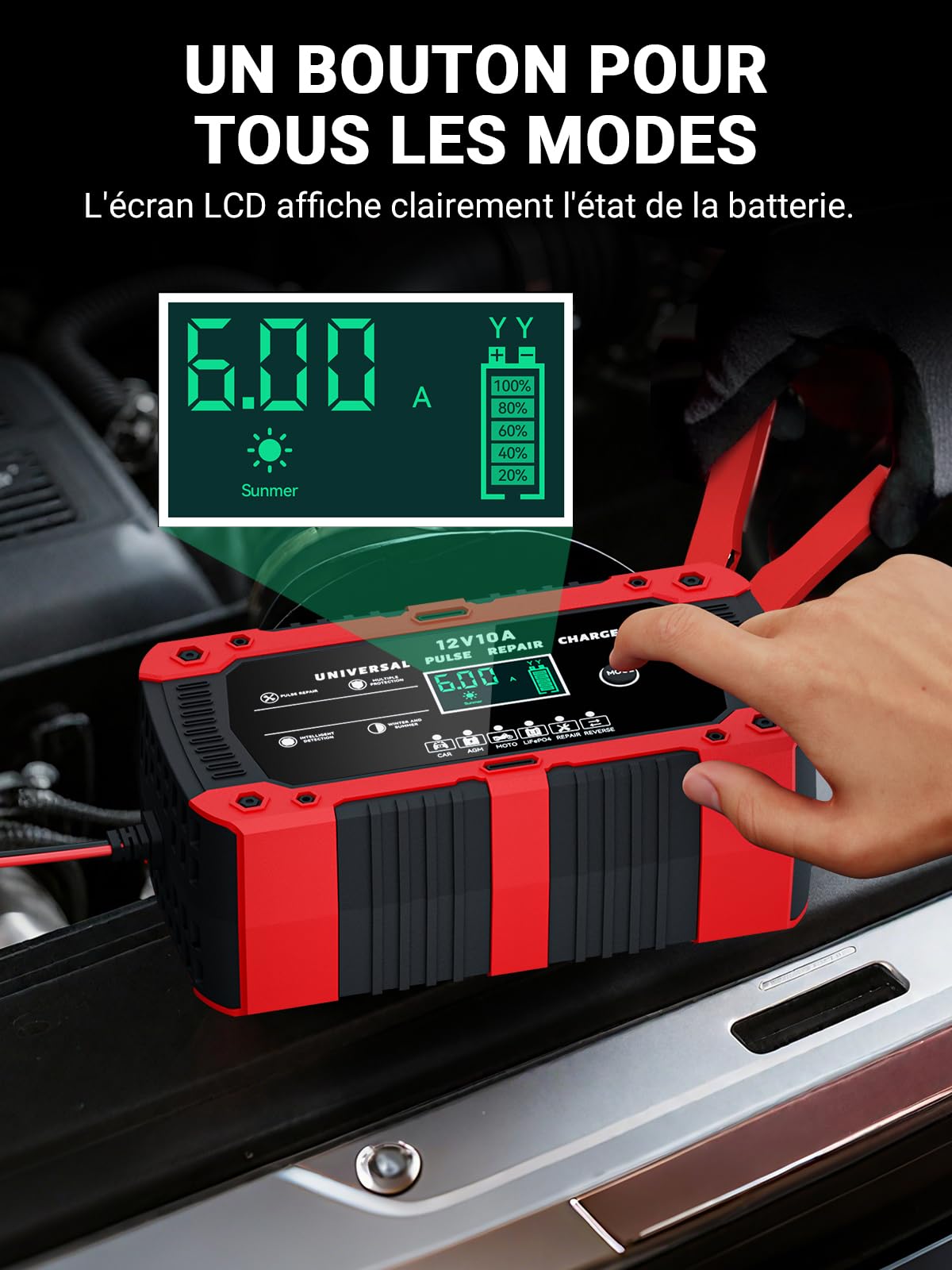 Chargeur Batterie Voitures Moto 12V 10A pour AGM Gel SLA Wet LiFePO4 | Intelligent Portable avec 6 Modes Fonction de Réparation Écran LCD pour Auto Moto