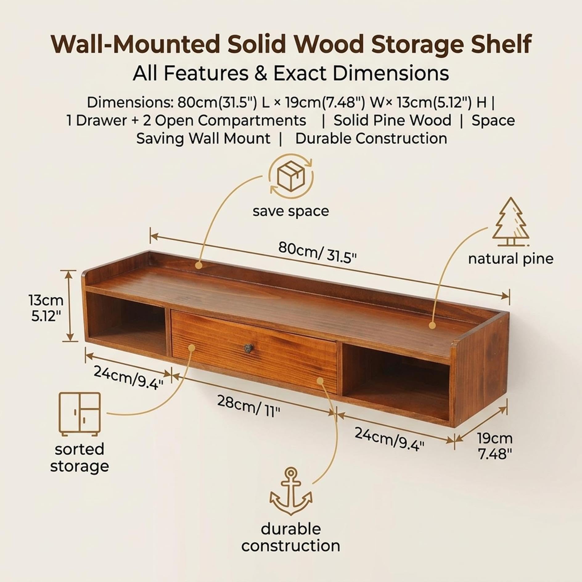 Tocador Flotante de Pared, Mesa de Maquillaje con Cajón y Repisas, Madera