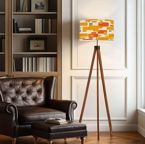 Miniatura 6 de Wood Tripod Floor Lamp Abstract made simple geometric shapes Mid century modern inspired Mid Century Standing Lamp Linen Shade Dimmable Modern Tall