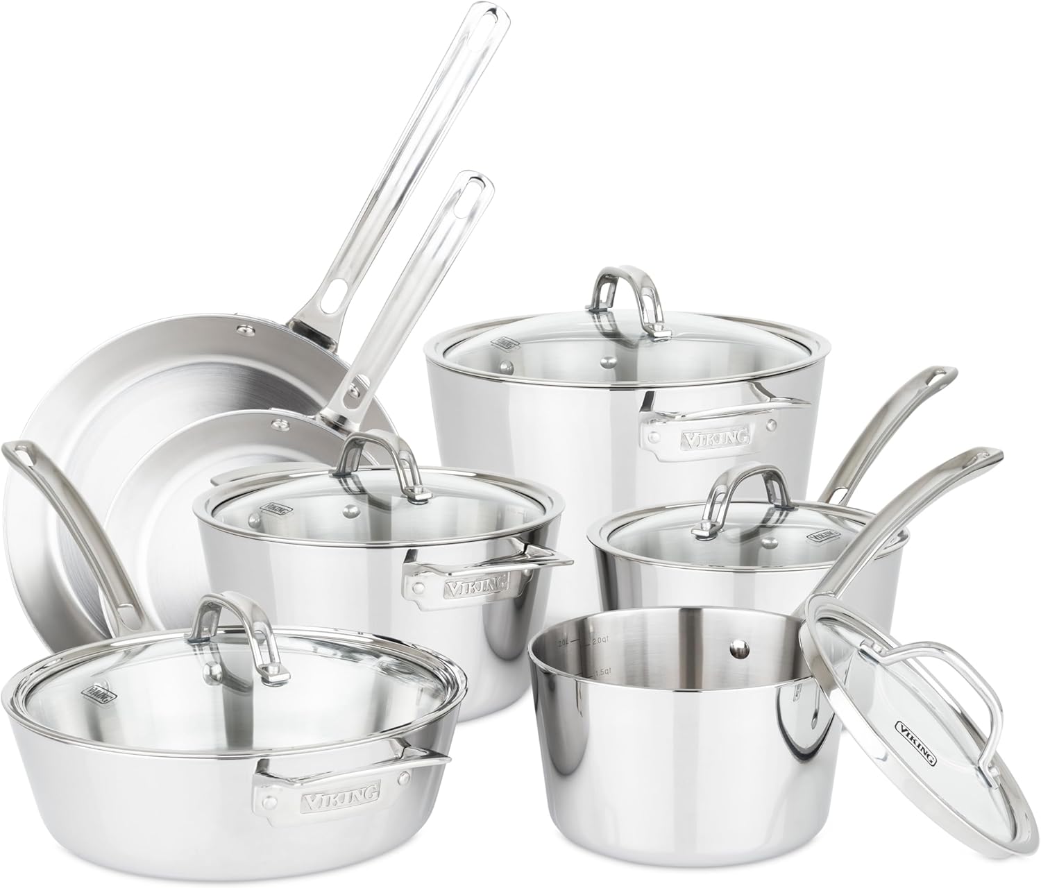 Viking Contemporary 3-Ply Pots and Pans Set, 12 Piece Stainless Steel Kitchen Cookware with Glass Lids, Silver