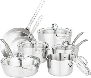 Viking Contemporary 3-Ply Pots and Pans Set, 12 Piece Stainless Steel Kitchen Cookware with Glass Lids, Silver