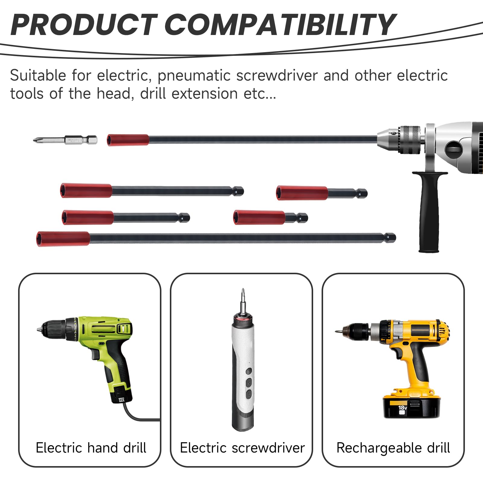 5-Piece Magnetic Drill Bit Extension Holder Set – 50mm To 300mm, 1/4" Hex, For Impact Drivers & DIY