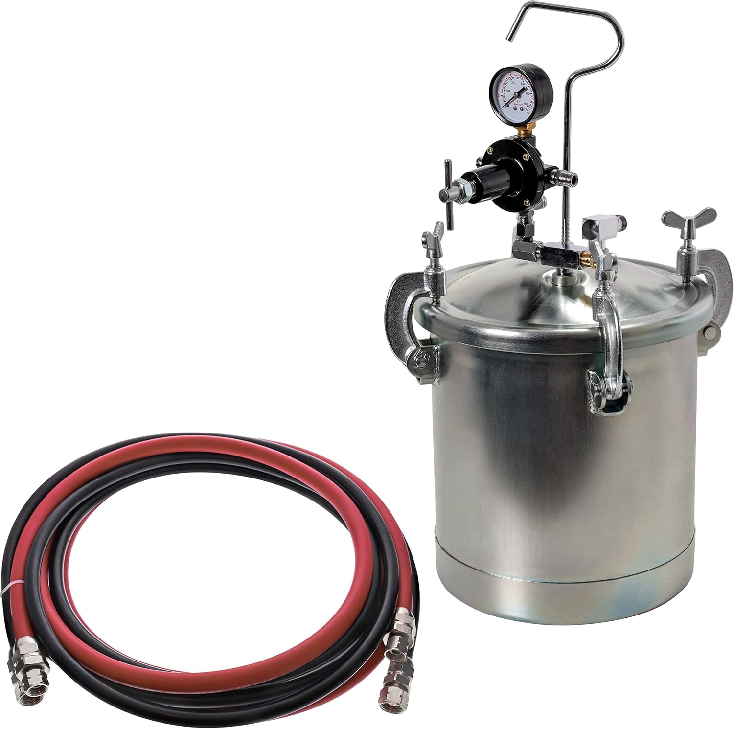 TCP Global 2.5 Gallon - (10 Liter) Pressure Pot Paint Tank with Regulator Pressure Gauge with Master Elite Series 12 Foot Air and Fluid Hose Assembly Set with Fittings