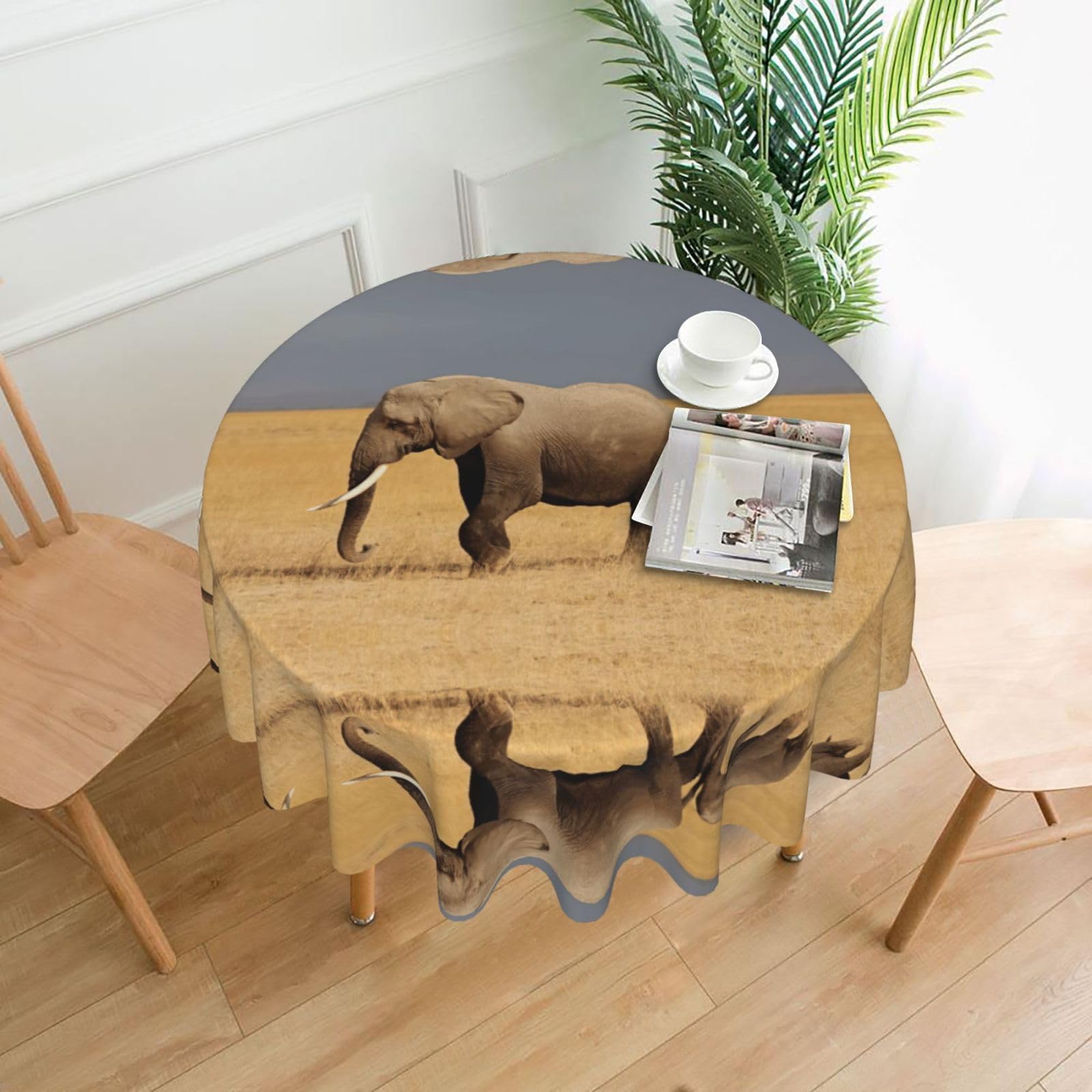 Zcmkjlg African Elephant Print Quick Ship Round Tablecloth 60in Polyester Washable Cover for Dining Room