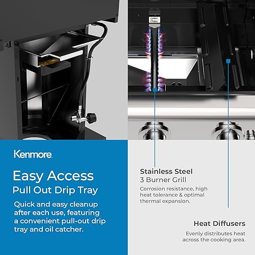 Miniatura 8 de Kenmore Parrilla de barbacoa de propano de 3 quemadores, parrilla de gas de 30,000 BTU con rejillas de cocción de hierro fundido, mesas laterales y