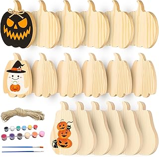 18 Pcs Fall Wooden Pumpkin Cutouts Unfinished Shaped Table Signs Thicken Thanksgiving Blank Wooden Pumpkin Blocks with Raffia for Thanksgiving, Halloween, Tiered Trays, Home Decor, DIY Crafts
