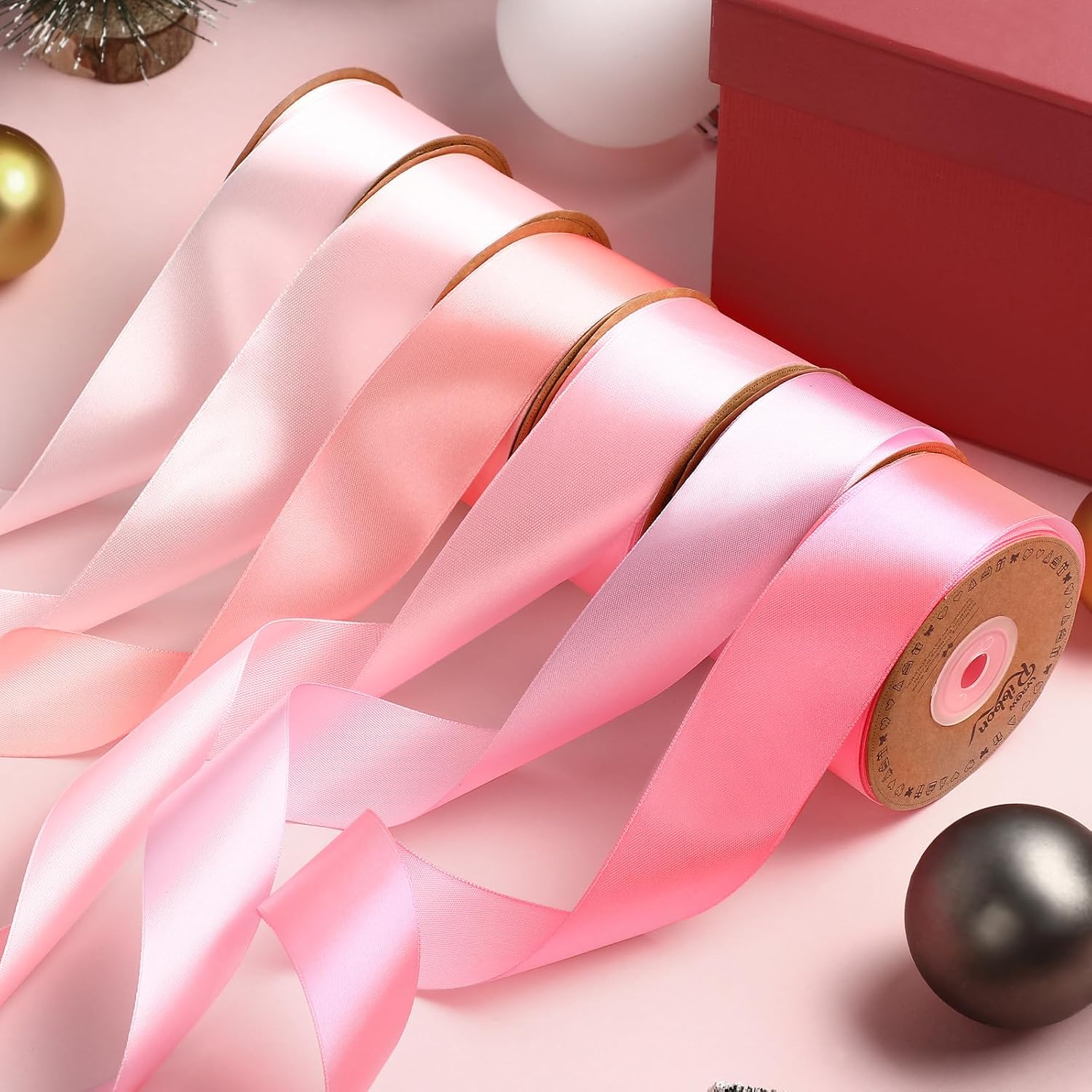 Lyrow 200 Yards Pink Satin Ribbon 1.5 Inch 6 Rolls Double Face Multicolor Ribbon for Gift Wrapping Flower Bouquet Bows DIY Crafts Birthday Party Decorations