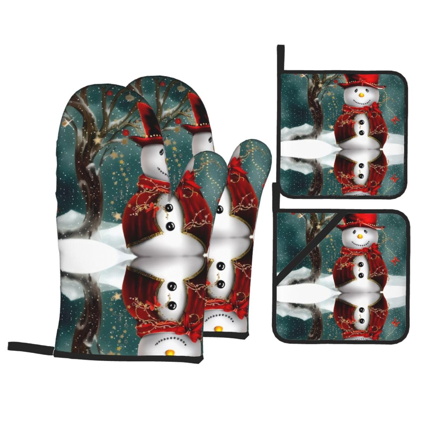 WHJSHOP Snowman Prints Oven Mitts & Pot Holders Set - Waterproof Kitchen Layers & Heat Resistant - Durable Covers for Safe Cooking & Easy Cleanup
