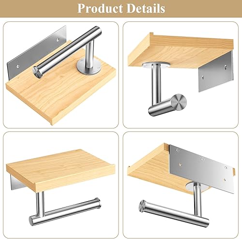 Miniatura 5 de Tindbea Soporte de papel higiénico con estante de madera, soporte de rollo de papel de seda de montaje en pared, negro mate, accesorios de baño de