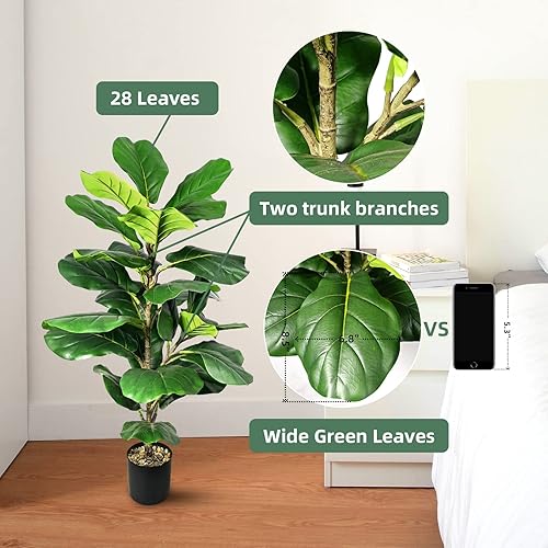 Miniatura 3 de Higuera de hoja de violín artificial de 31 pies higuera de hoja de violín de 37 pulgadas planta falsa con 28 hojas grandes árbol artificial en