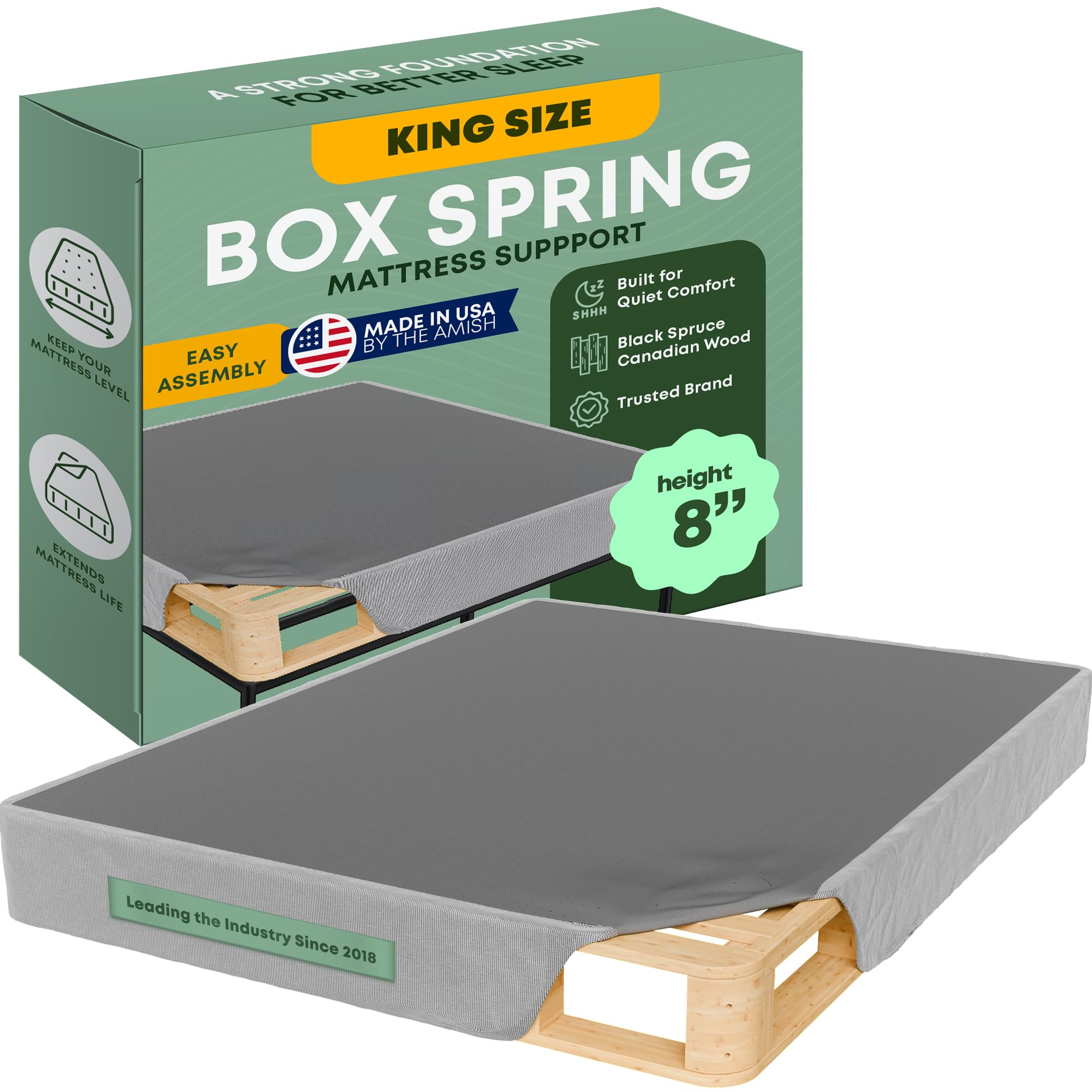 Greaton, 8” King Box Spring Only for King Size Bed – Amish-Made in The USA – Solid Wood Mattress Foundation with Stable &amp; Quiet Support – Flat-Packed &amp; Easy Assembly