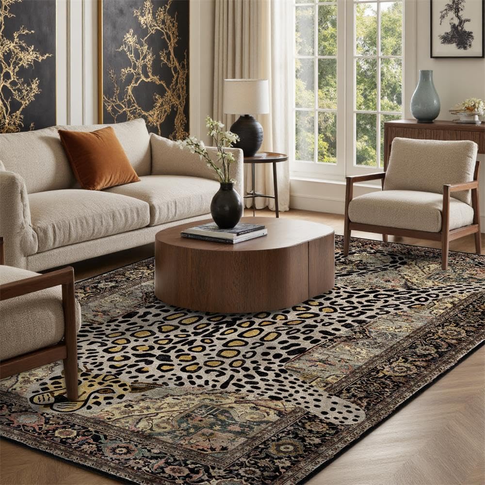 Tapis salon poils courts léopard marron 120x160 cm lavable et doux