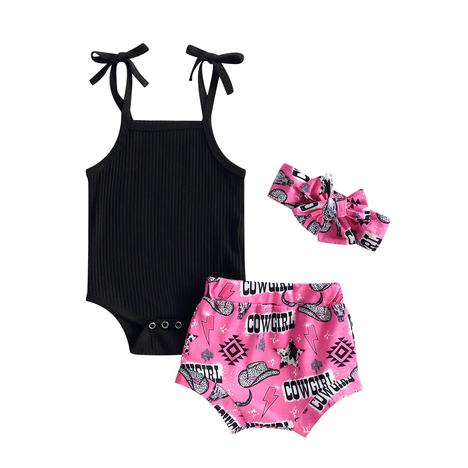 Cute Baby Girl Western Outfit Sleeveless Knitted Romper Cow Print Bummies Shorts Headband Summer Infant Set (Black, 12-18 Months)