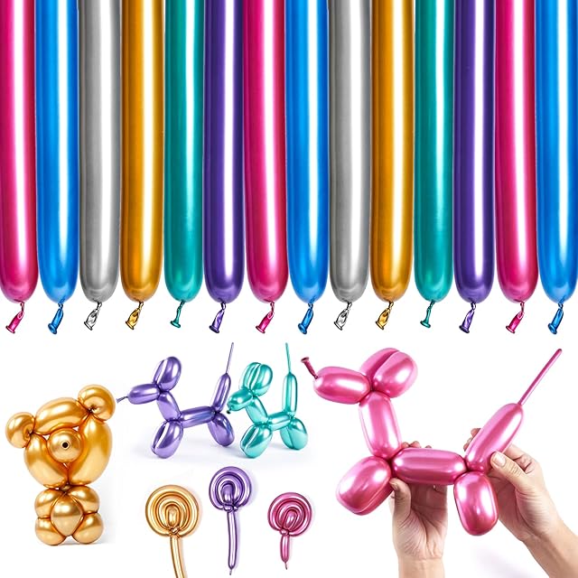 PartyWoo Metallic Modelling Balloons, 50 pcs Twisting Balloons 260Q Magic Balloons in 6 Metallic Colours, Twist Balloons Twisted Balloons for Children's Party, Carnivals, Animal Party, Jungle Party