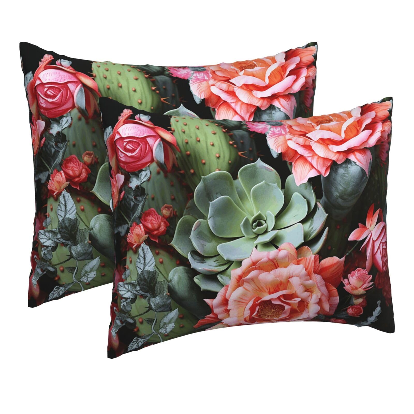 2 Pack Pillow Cases with Hidden Zipper, Soft Breathable Pillow Covers for Hair and Skin, Roses Flowers and Cactus Pillowcases 16"x20" Bed Pillow Protectors Cover for Sleeping Gifts