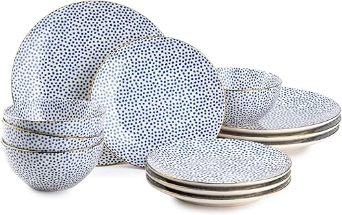 Vajilla de gres de punto azul, juego de 12 piezas