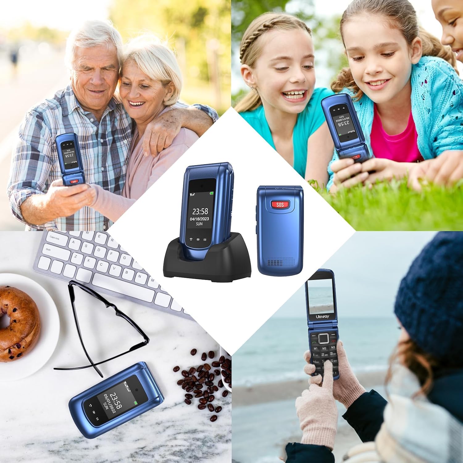 CHAKEYAKE Telefono Cellulare per Anziani con Tasti Grandi, Telefono Senior Dual SIM, Display Doppio 2.4'' + 1.77'', Volume Alto, Tasto SOS, Base di Ricarica, Fotocamera, Sbloccato, Blu